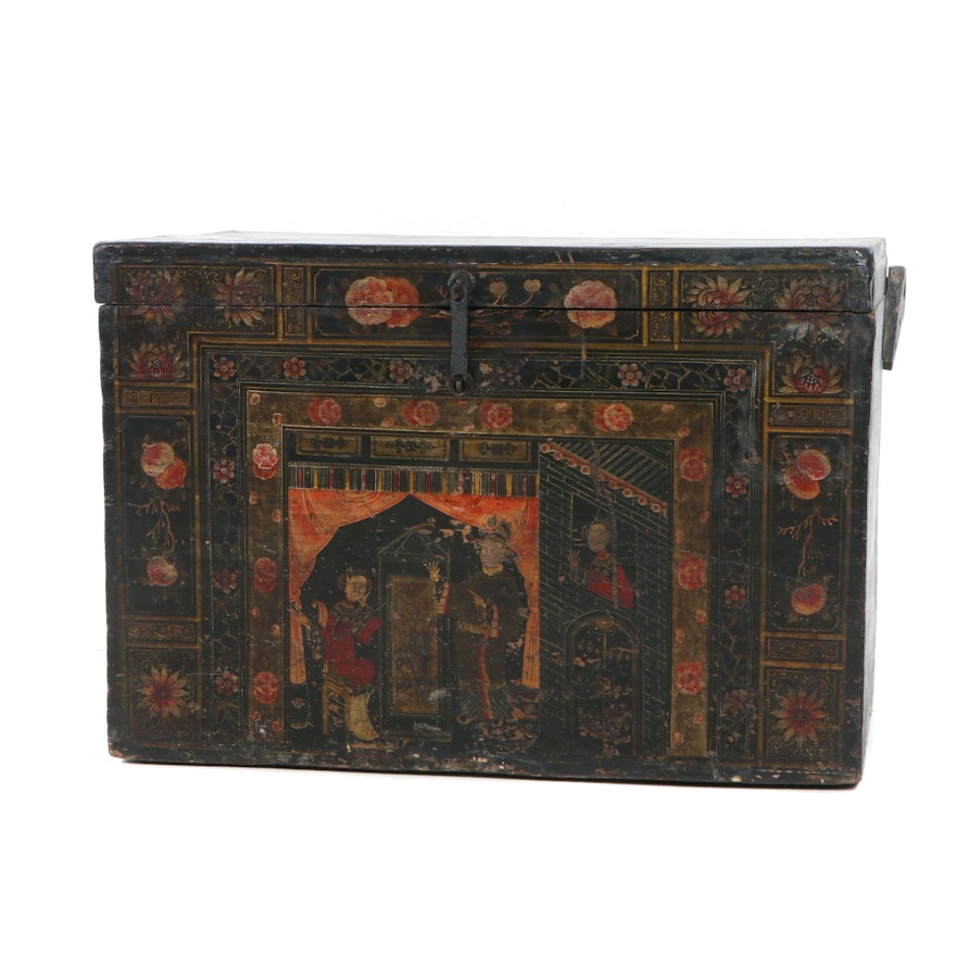 Polychrome-Decorated Chinese Black-Lacquered Trunk, Late 18th or Early 19th c.