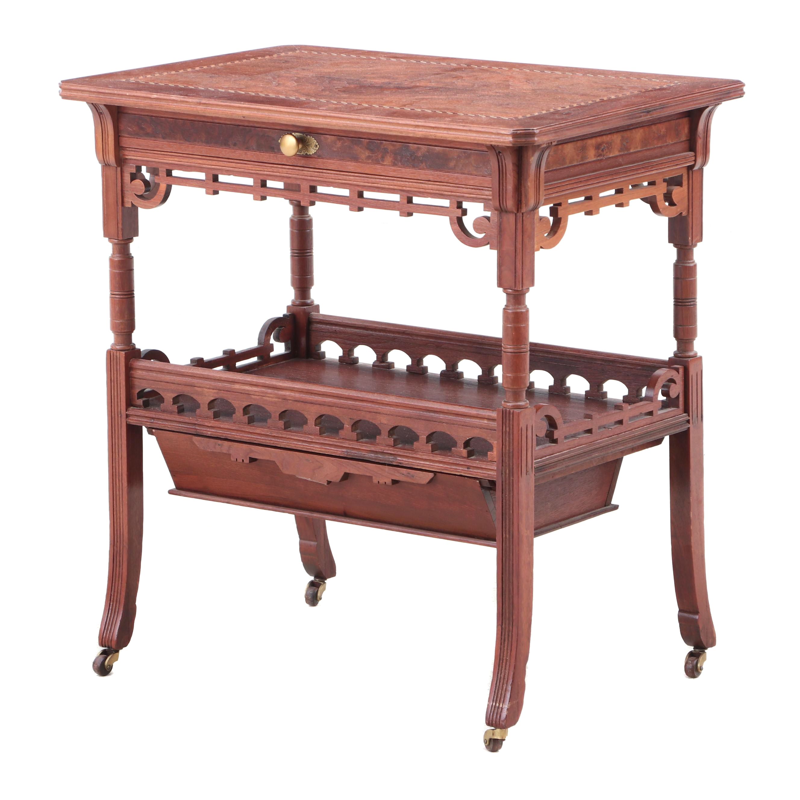 Aesthetic Movement Walnut Inlaid Sewing Table on Casters, 19th Century