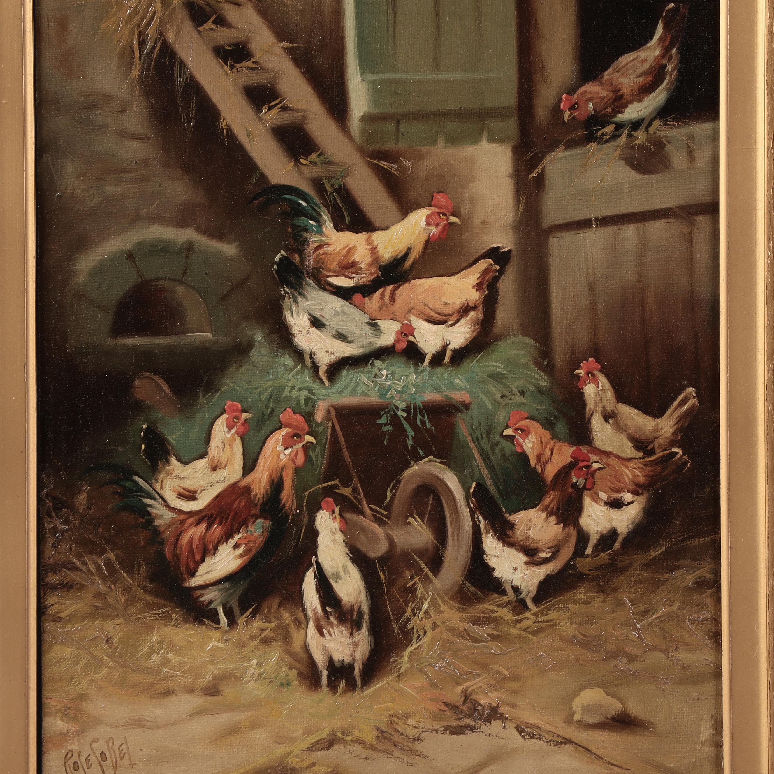 Rose Sobel Oil Painting of Chickens in Barnyard