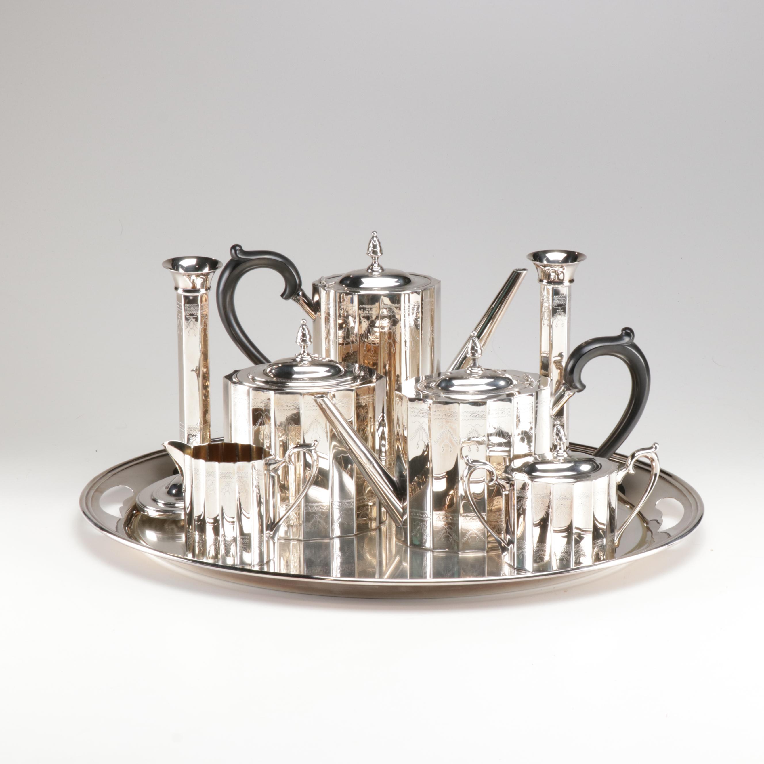 Lunt Silver Plate "Paul Revere" Tea Service and Candlesticks