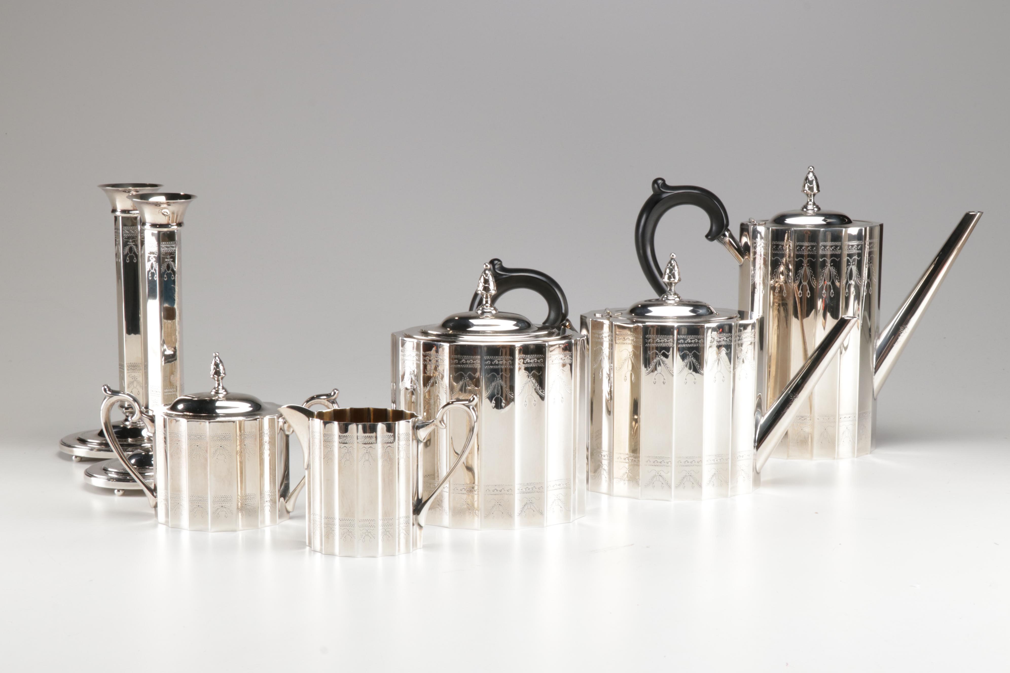 Lunt Silver Plate "Paul Revere" Tea Service and Candlesticks