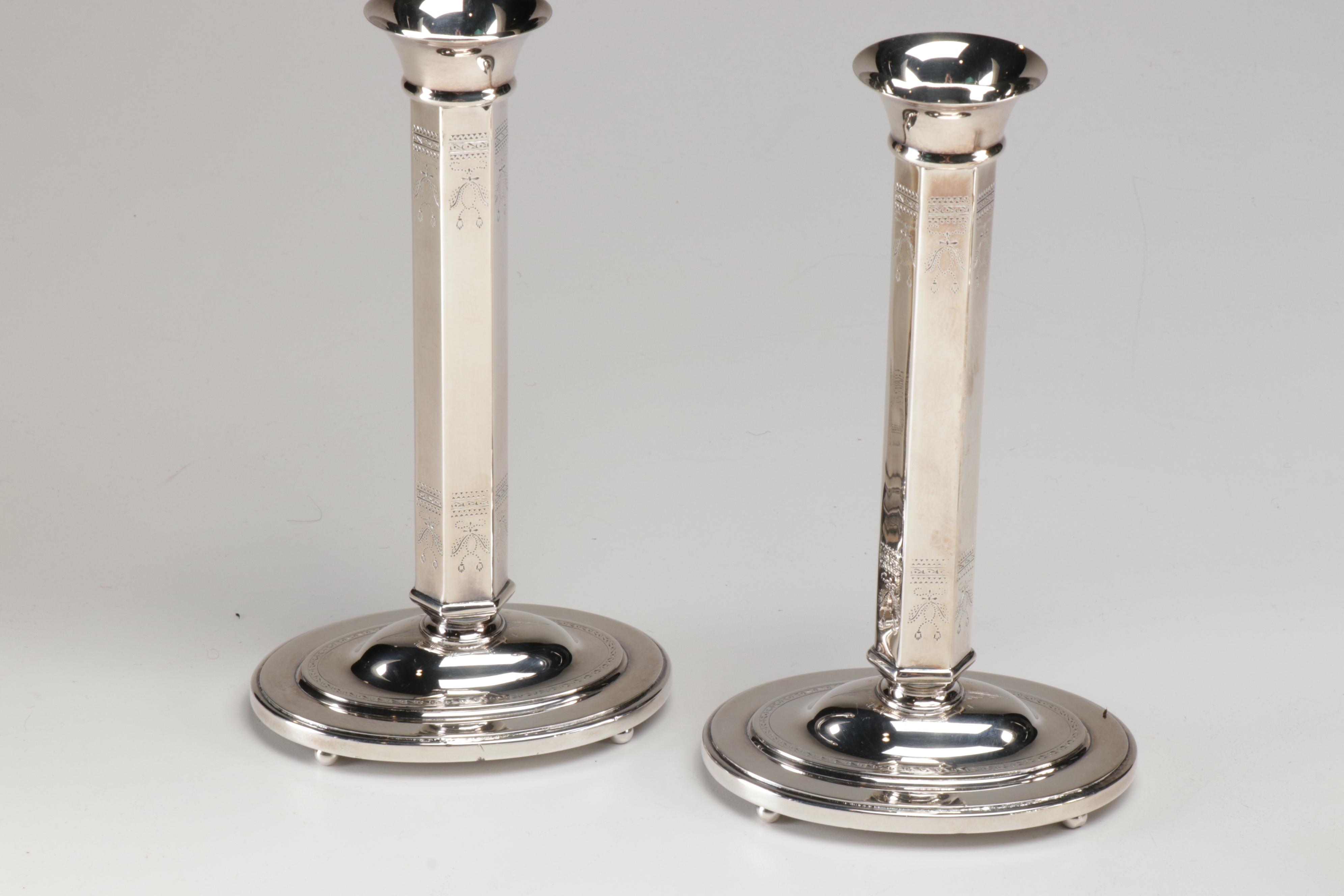 Lunt Silver Plate "Paul Revere" Tea Service and Candlesticks