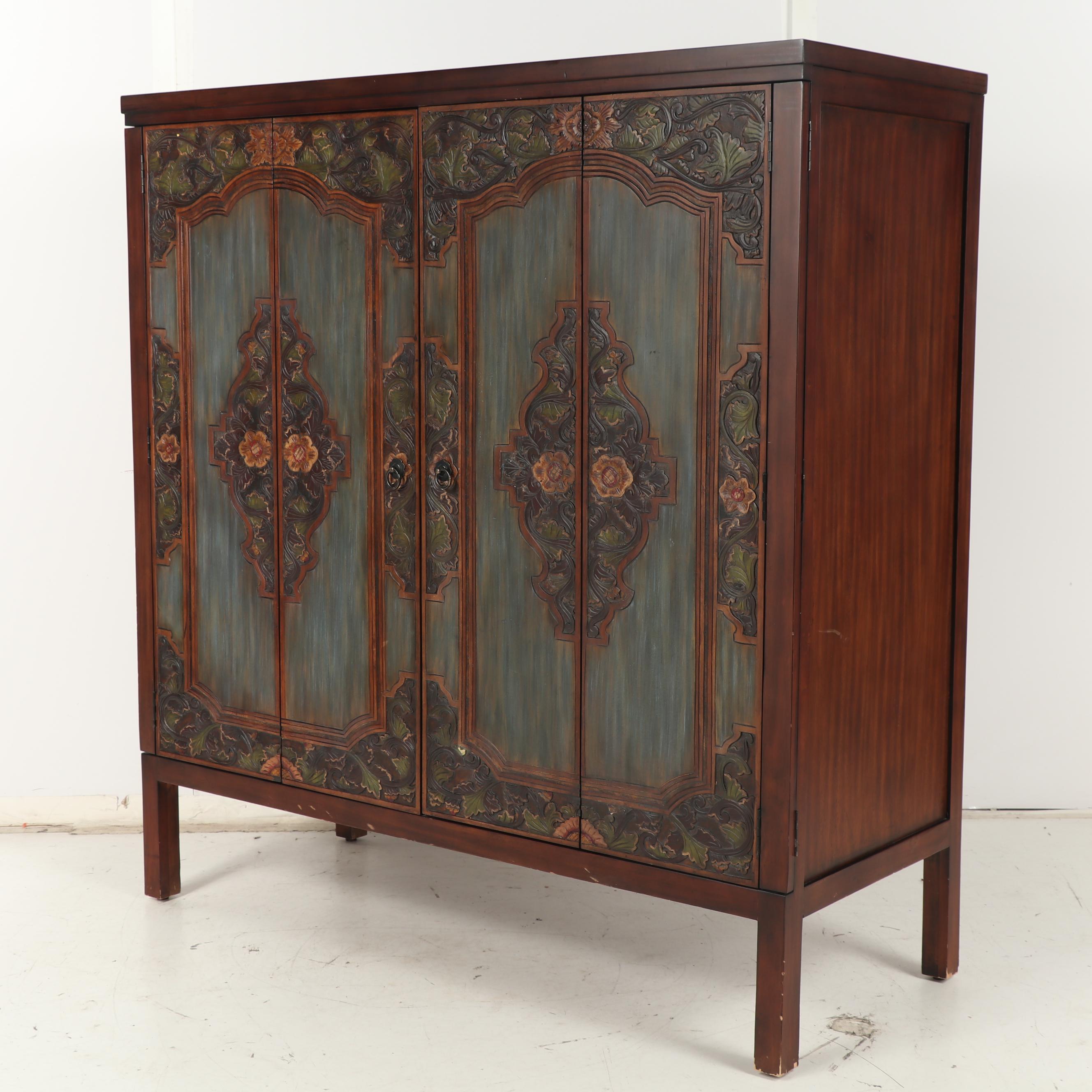 Contemporary Pier One Imports Carved and Painted Wooden Cabinet