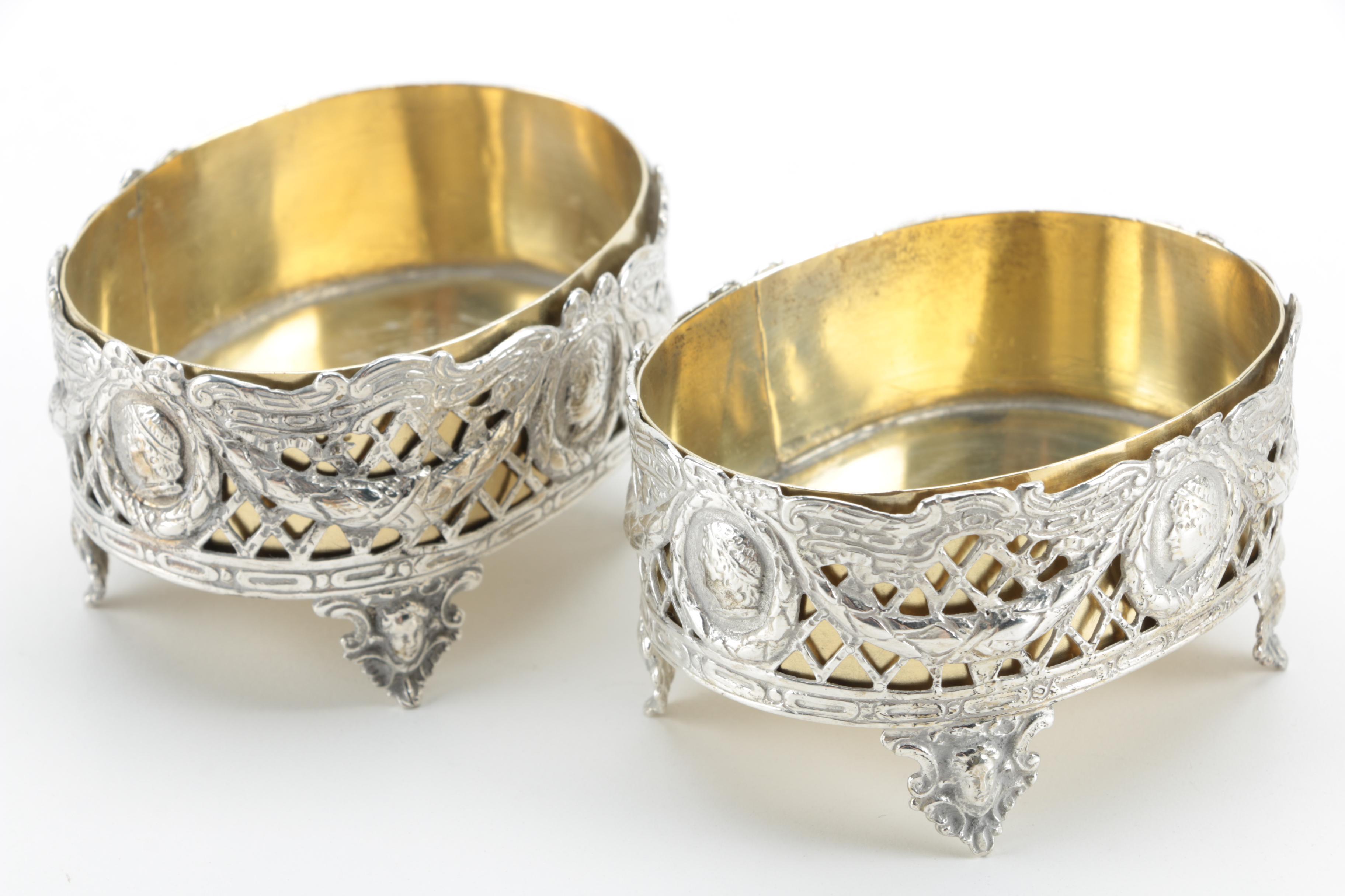 Wolf & Knell of Hanau Pierced 800 Silver Salt Cellars with Gold Wash Liners