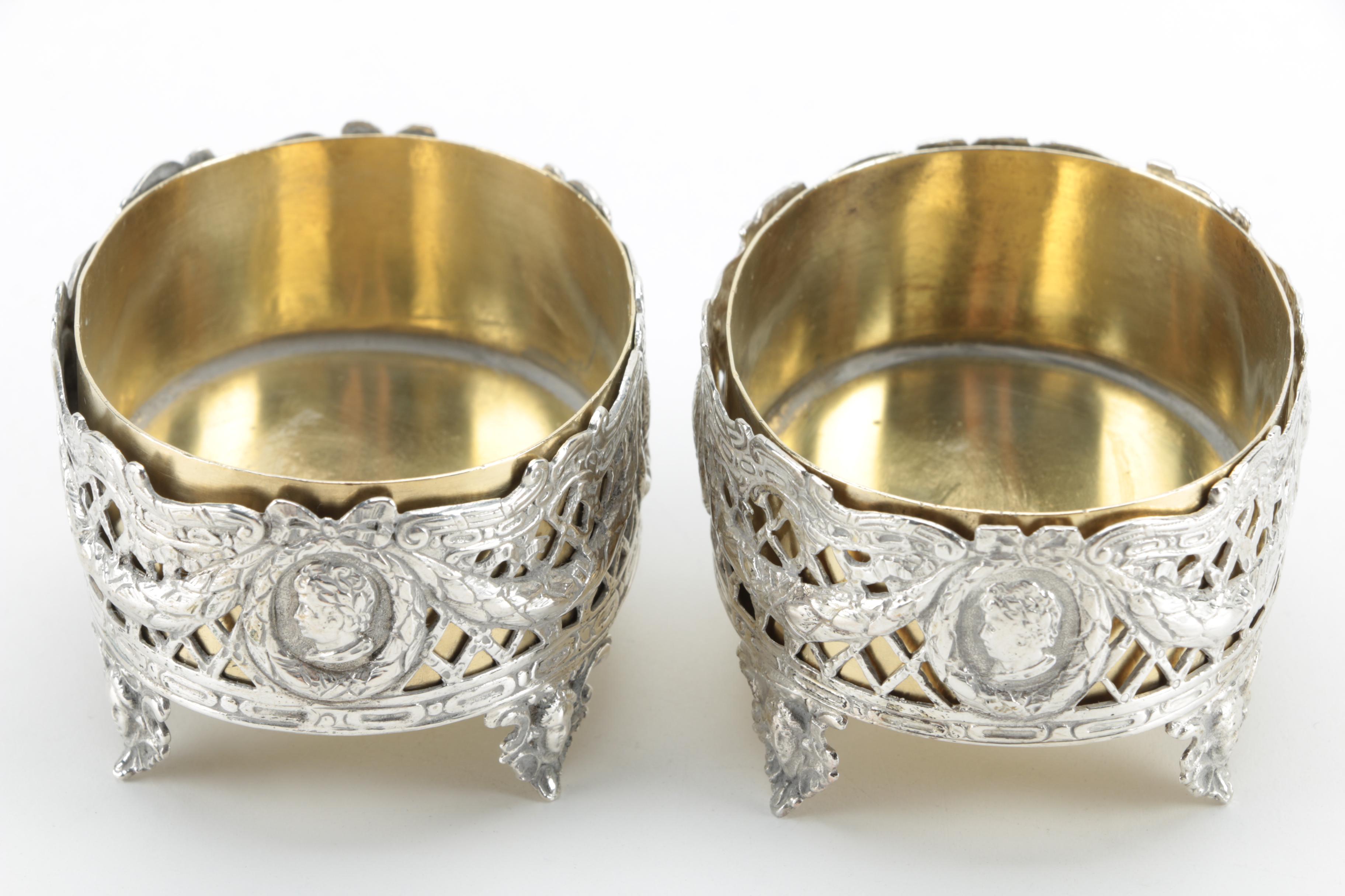 Wolf & Knell of Hanau Pierced 800 Silver Salt Cellars with Gold Wash Liners