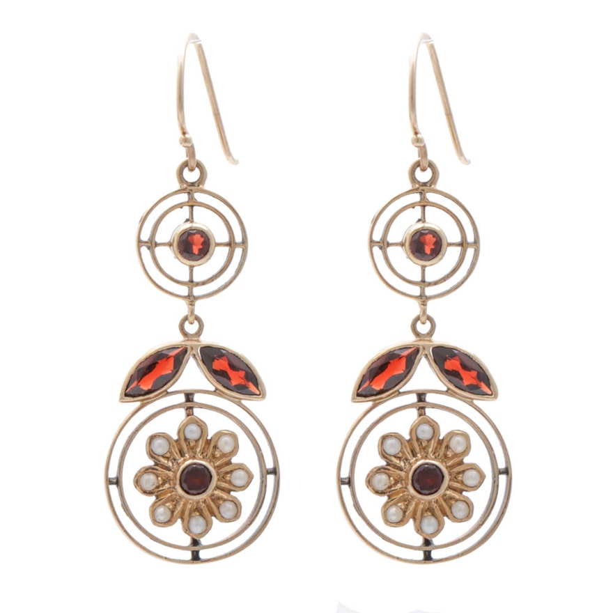 Art Nouveau 9K Yellow Gold Garnet and Cultured Seed Pearl Drop Earrings