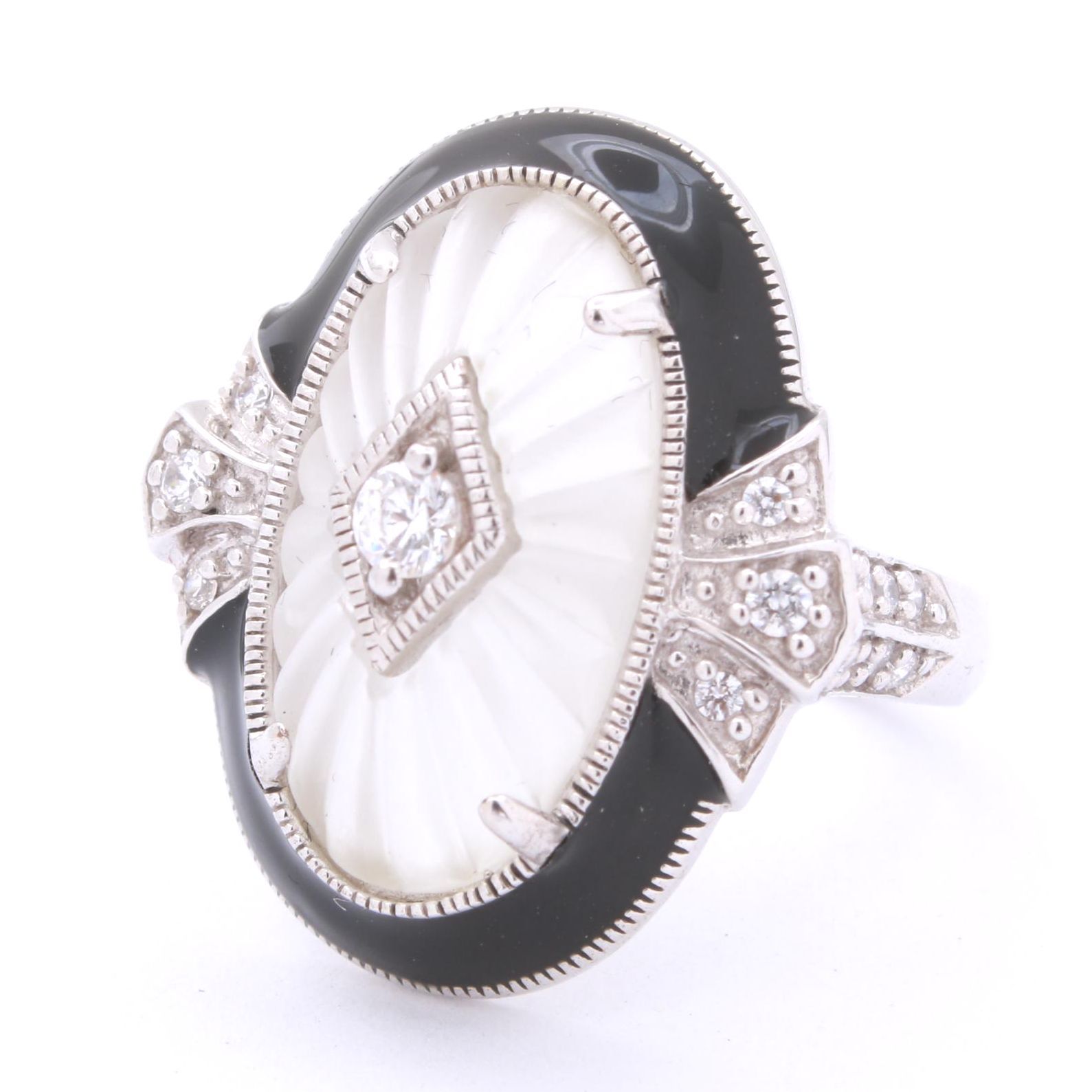 Art Deco Style Enameled Sterling Silver, Cubic Zirconia, and Carved Quartz Ring