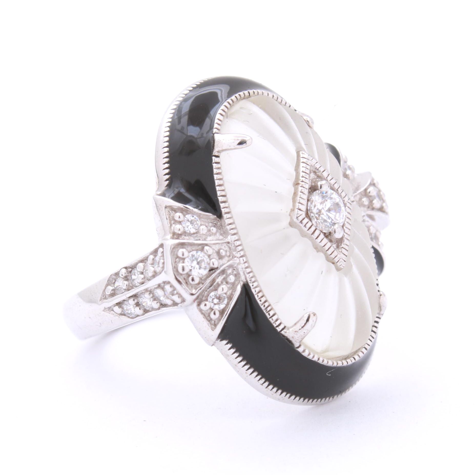 Art Deco Style Enameled Sterling Silver, Cubic Zirconia, and Carved Quartz Ring