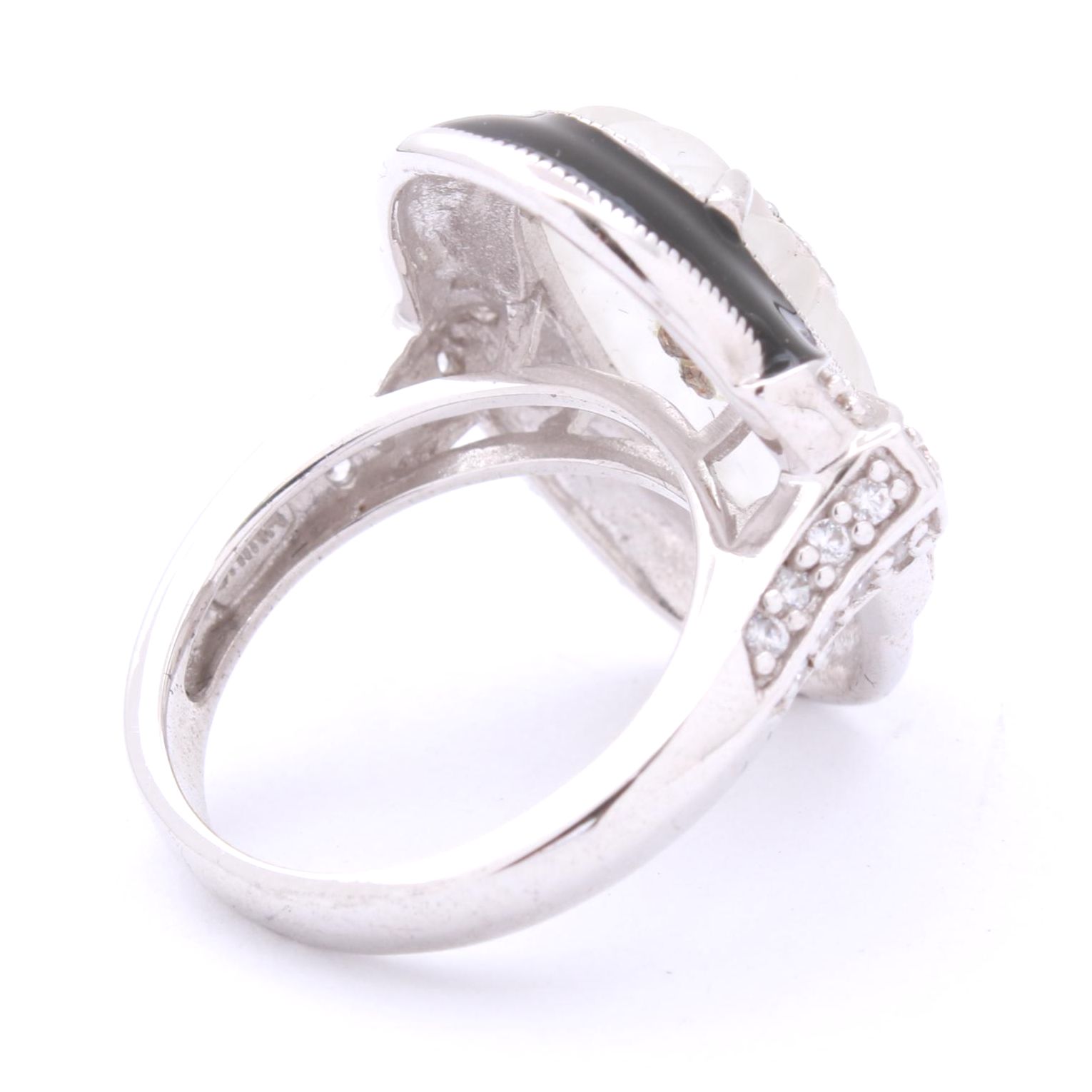 Art Deco Style Enameled Sterling Silver, Cubic Zirconia, and Carved Quartz Ring