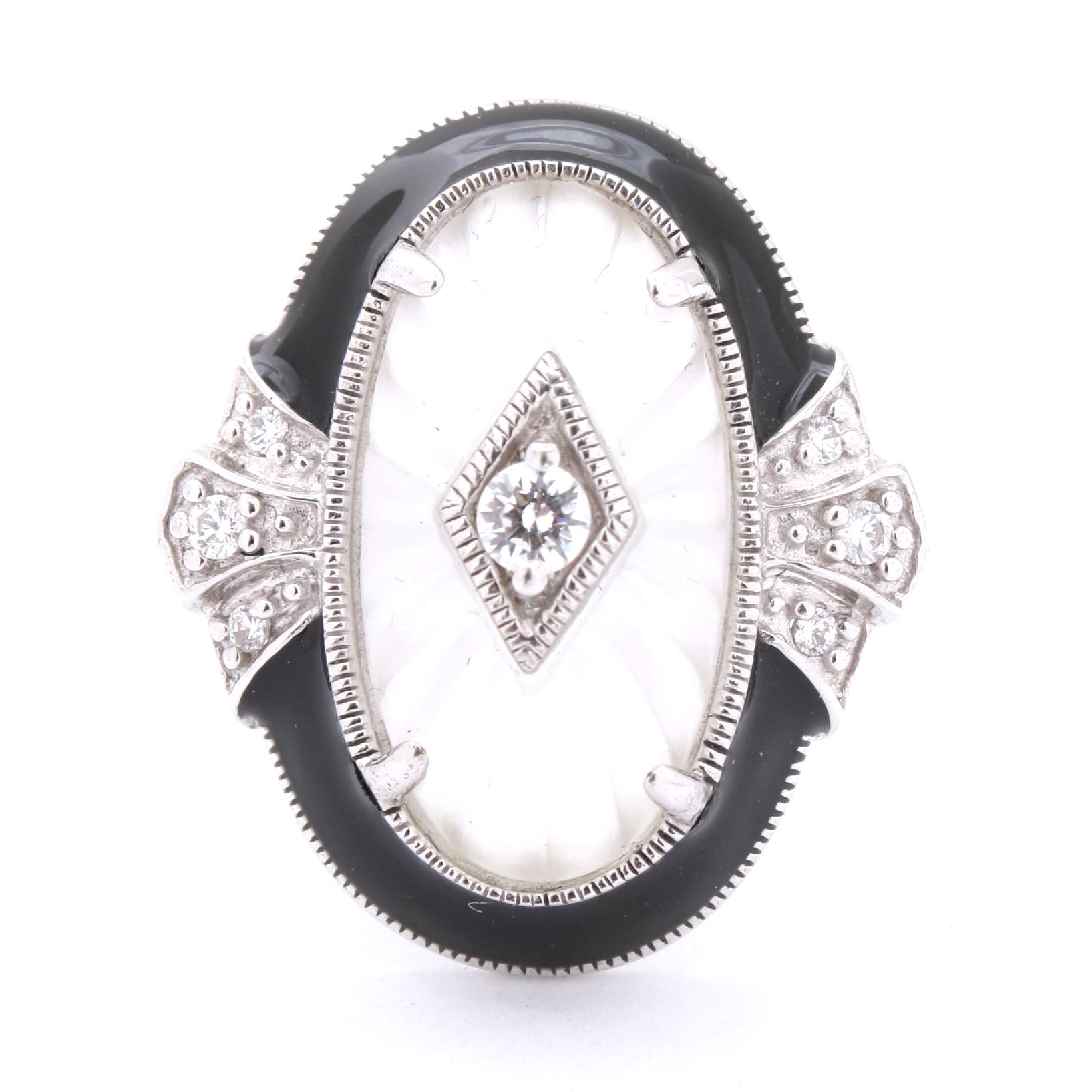 Art Deco Style Enameled Sterling Silver, Cubic Zirconia, and Carved Quartz Ring