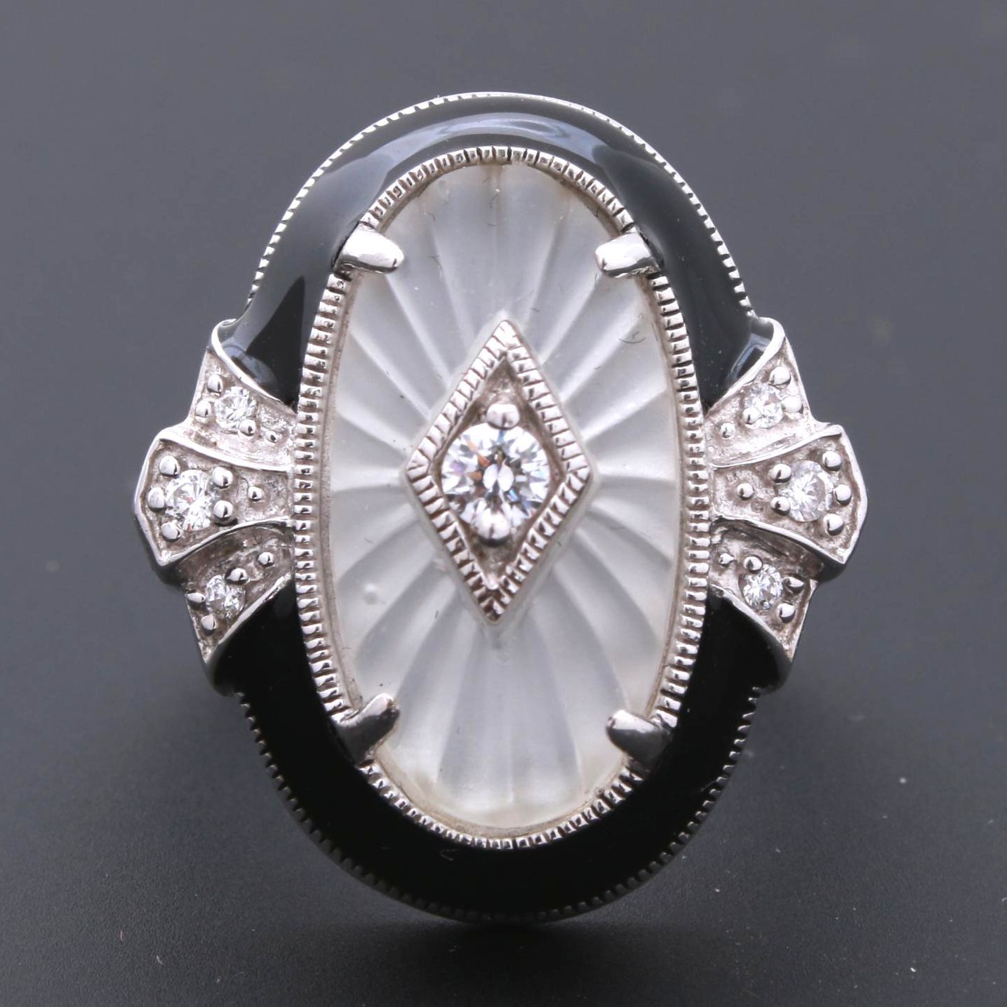 Art Deco Style Enameled Sterling Silver, Cubic Zirconia, and Carved Quartz Ring