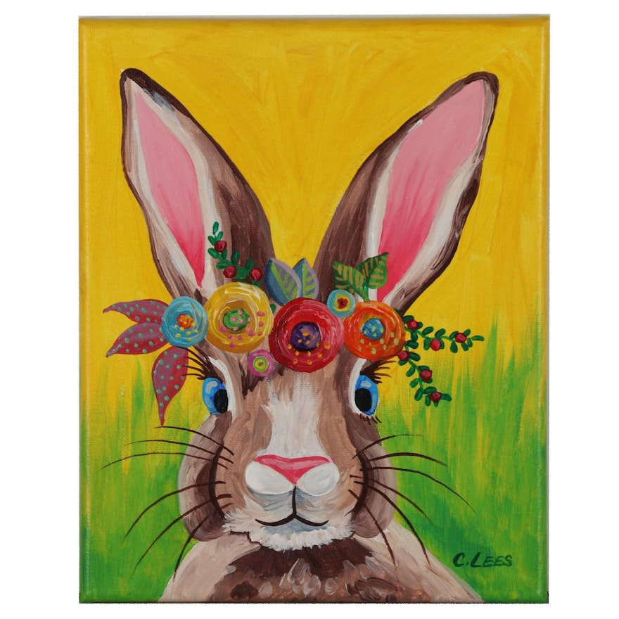 Cathy Lees Acrylic Painting "Rabbit Wearing Flower Crown"