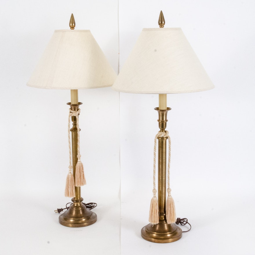 Turned Reeded Brass Table Lamps with Satin Tassels and Linen Bell Shades