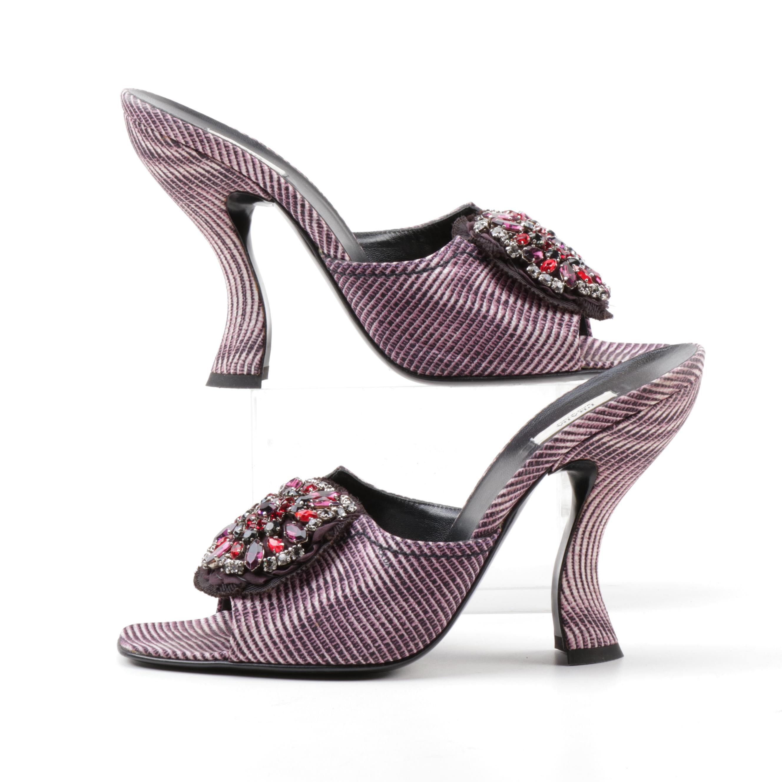 Prada Lilac Faille Digitale Rhinestone Striped Curve Sculpted Heel Slides