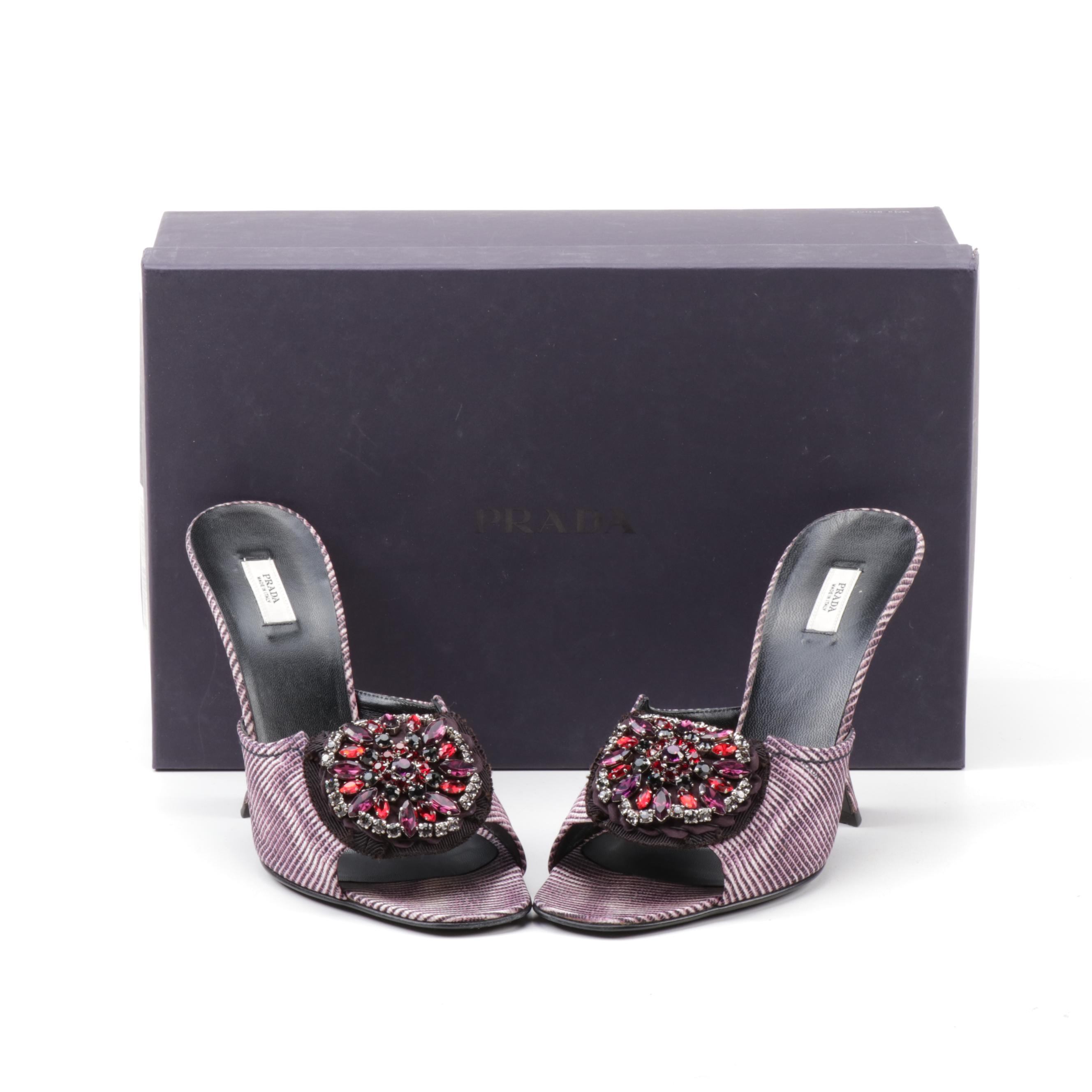 Prada Lilac Faille Digitale Rhinestone Striped Curve Sculpted Heel Slides