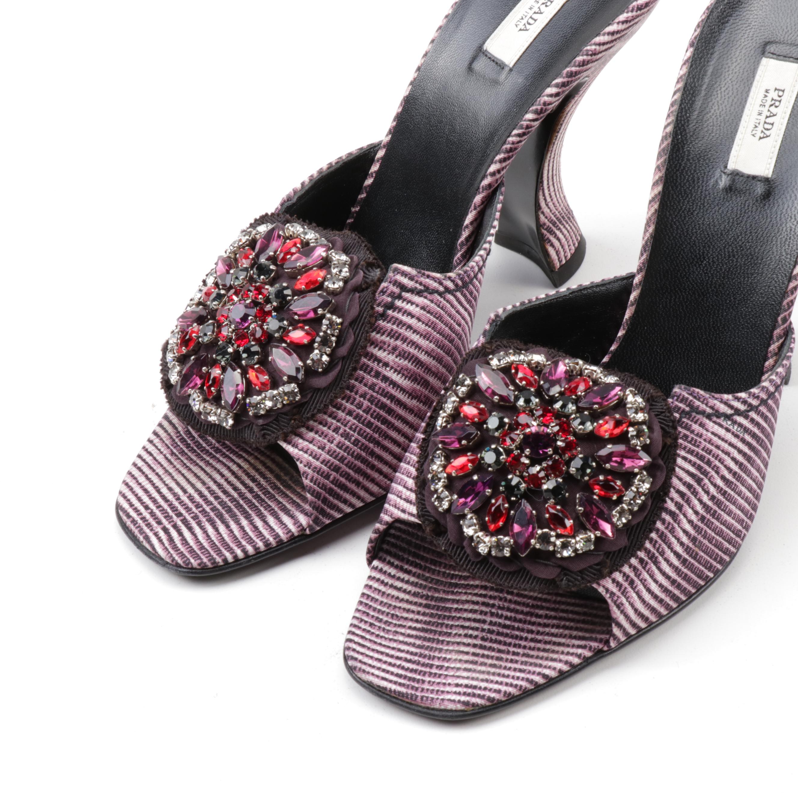 Prada Lilac Faille Digitale Rhinestone Striped Curve Sculpted Heel Slides