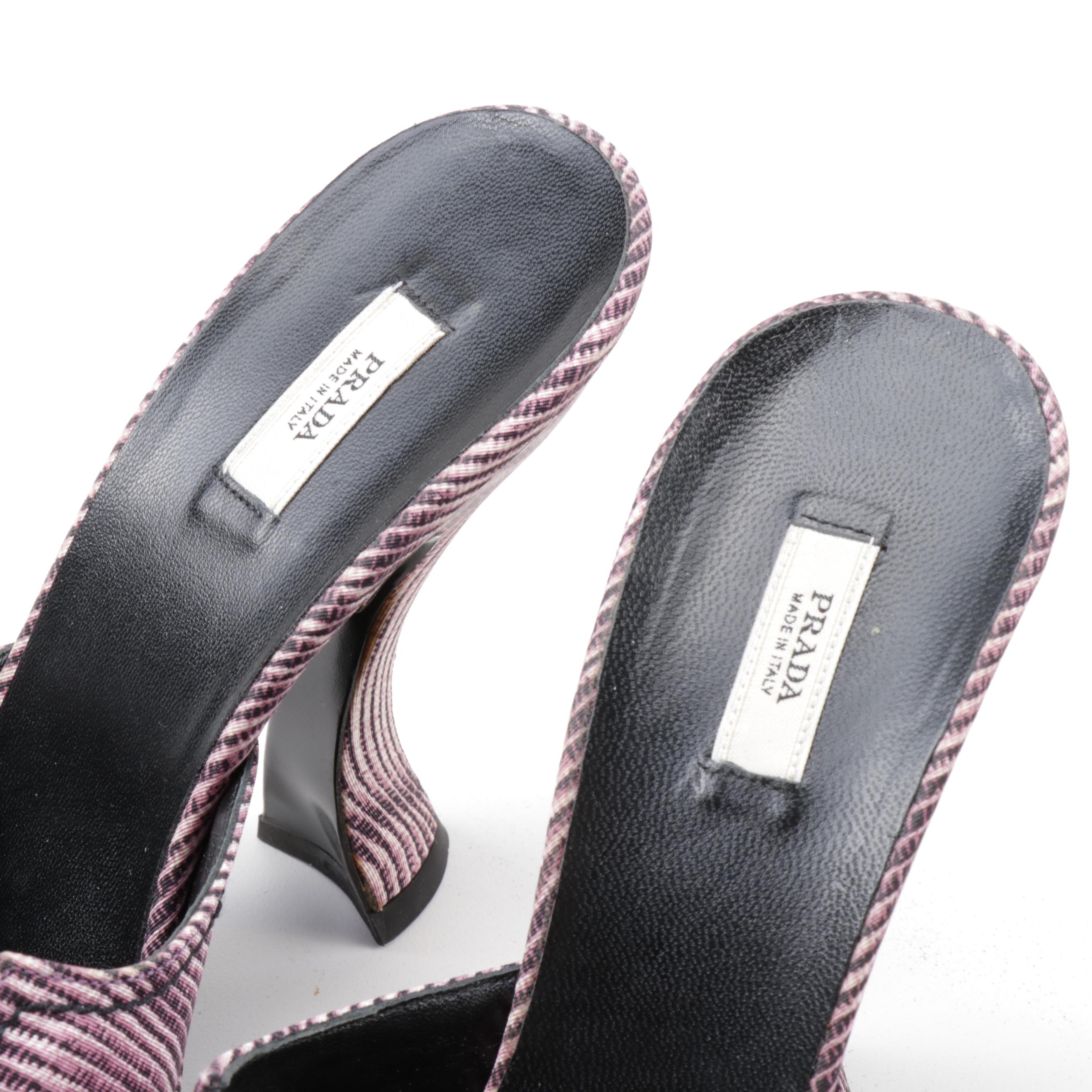 Prada Lilac Faille Digitale Rhinestone Striped Curve Sculpted Heel Slides