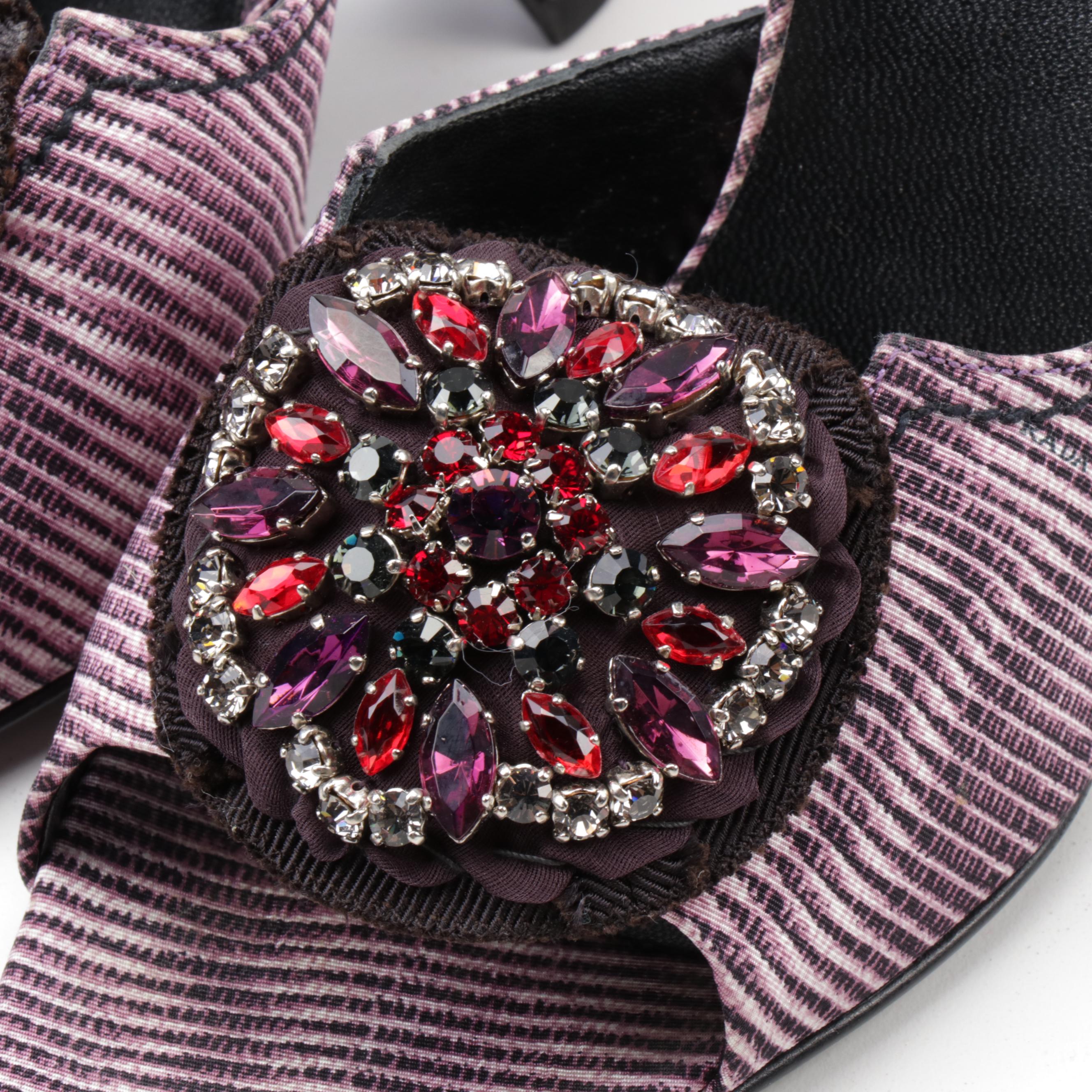 Prada Lilac Faille Digitale Rhinestone Striped Curve Sculpted Heel Slides