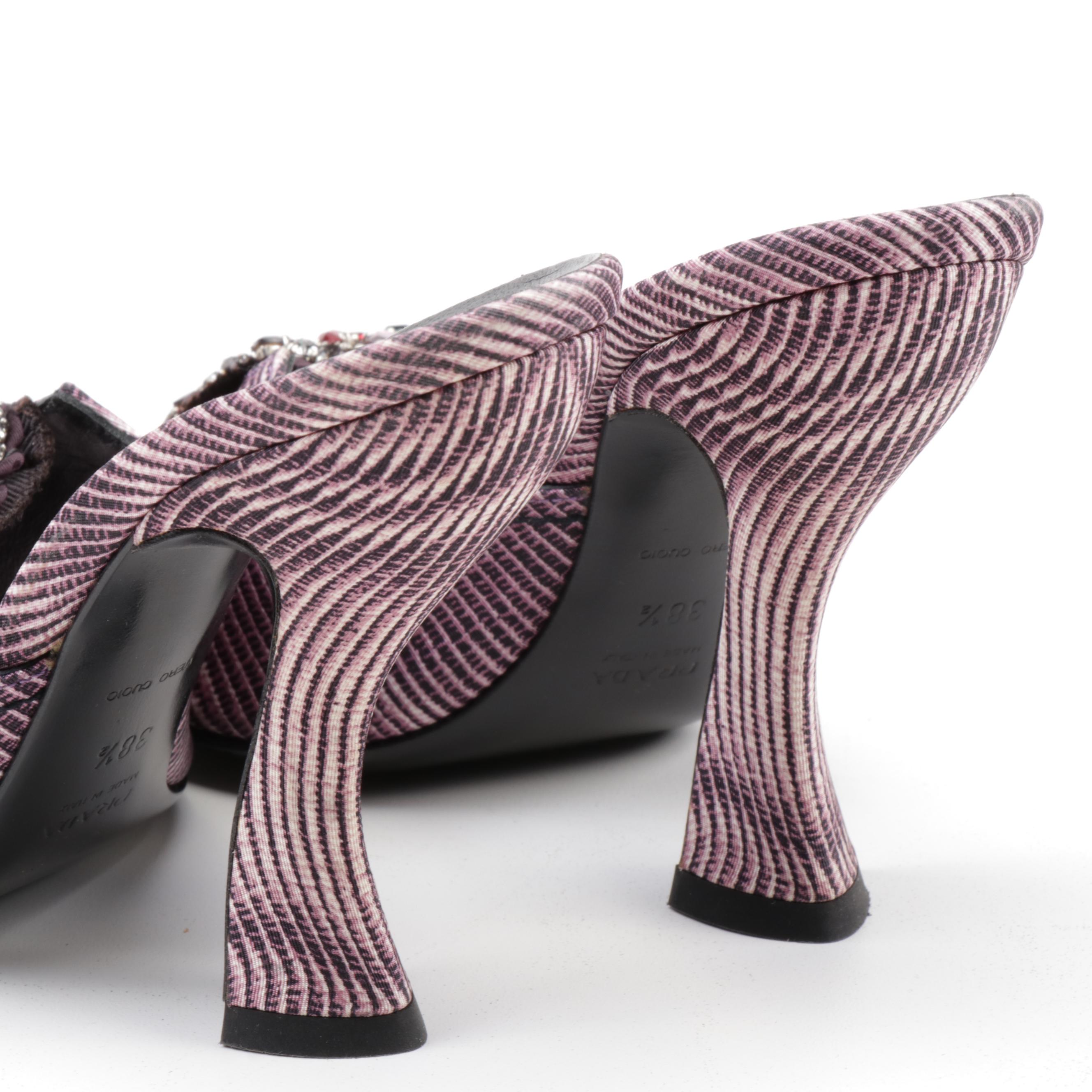 Prada Lilac Faille Digitale Rhinestone Striped Curve Sculpted Heel Slides