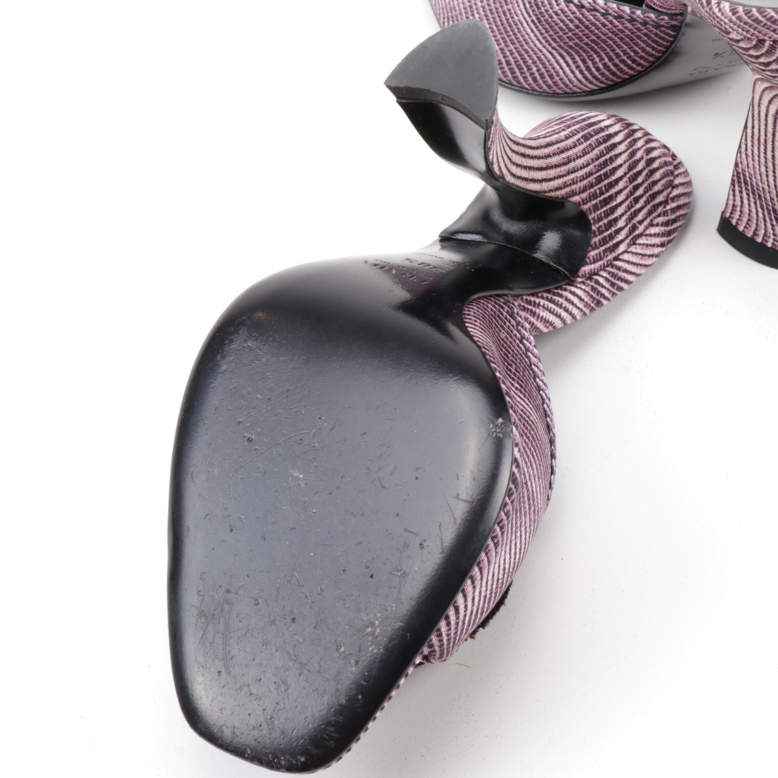 Prada Lilac Faille Digitale Rhinestone Striped Curve Sculpted Heel Slides