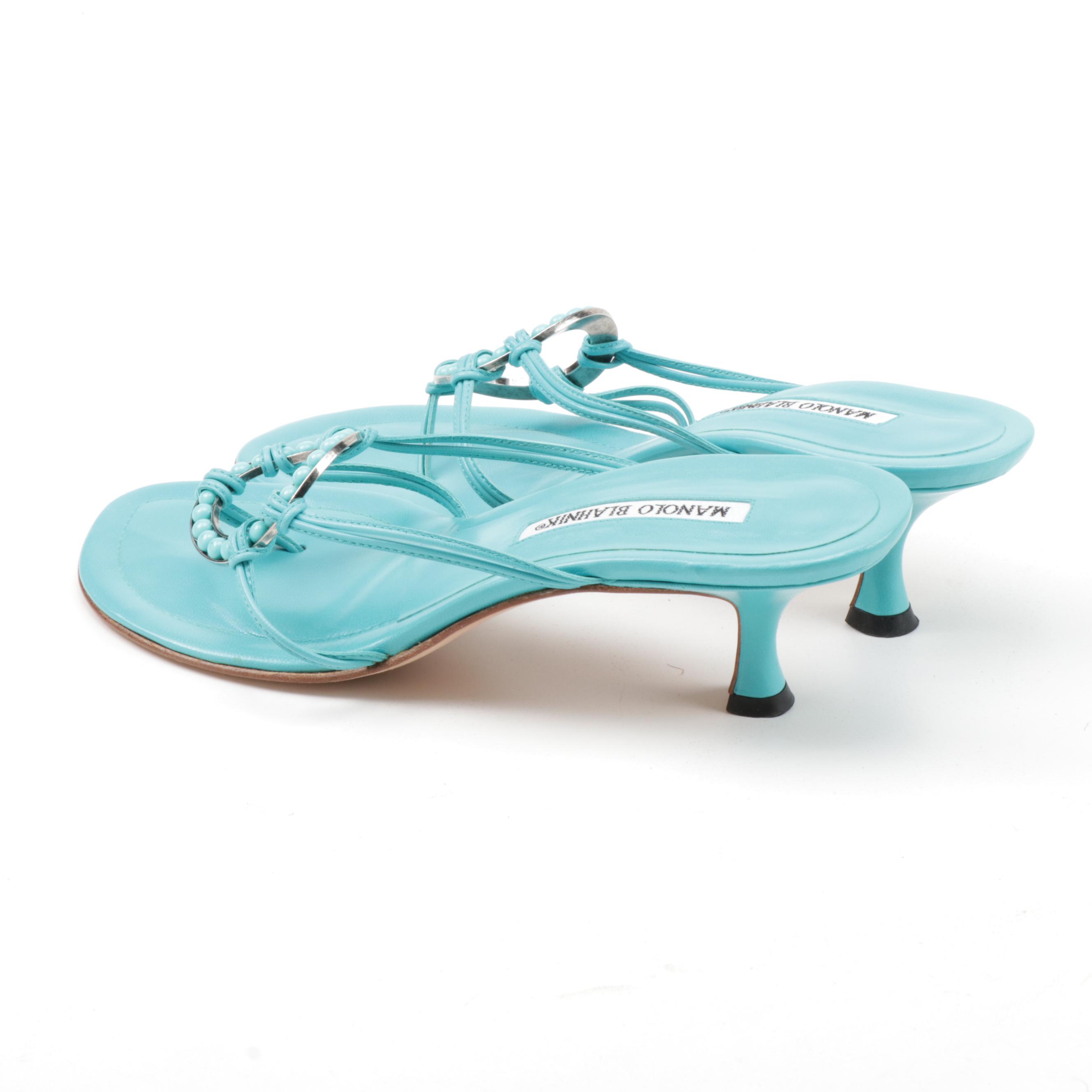 Manolo Blahnik Blue Leather Ring Kitten Heel Sandals
