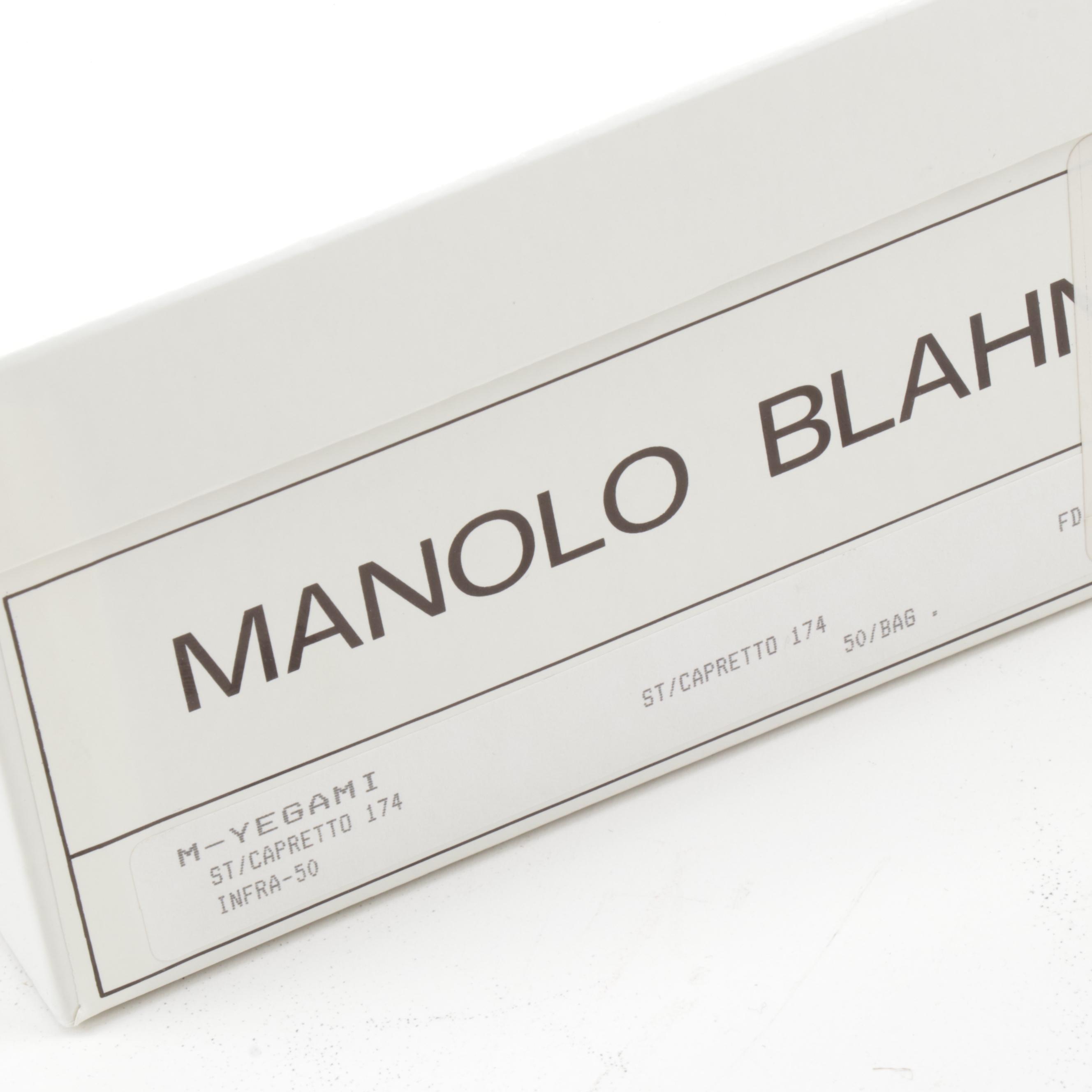 Manolo Blahnik Blue Leather Ring Kitten Heel Sandals