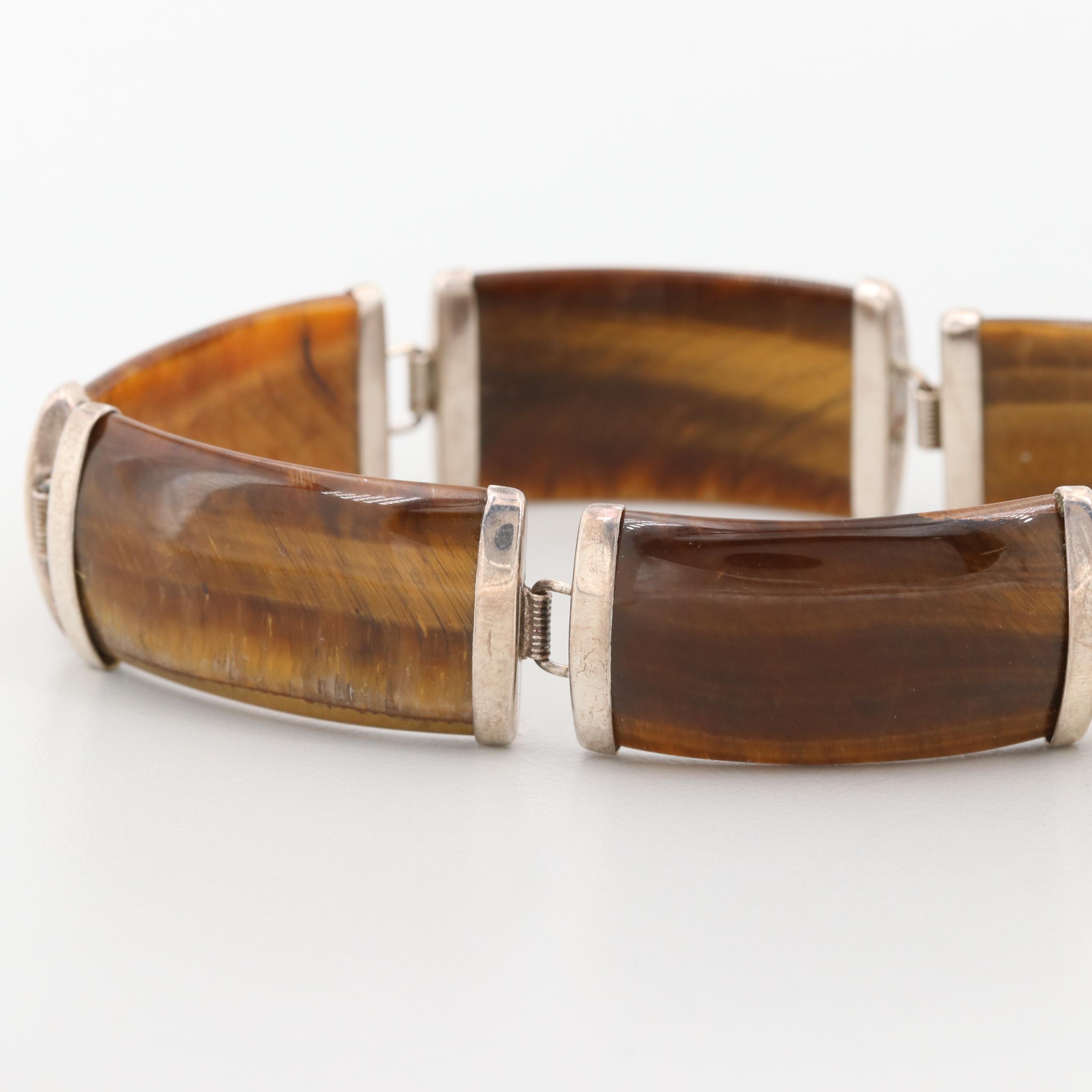 Sterling Silver Tiger's Eye Panel Link Bracelet