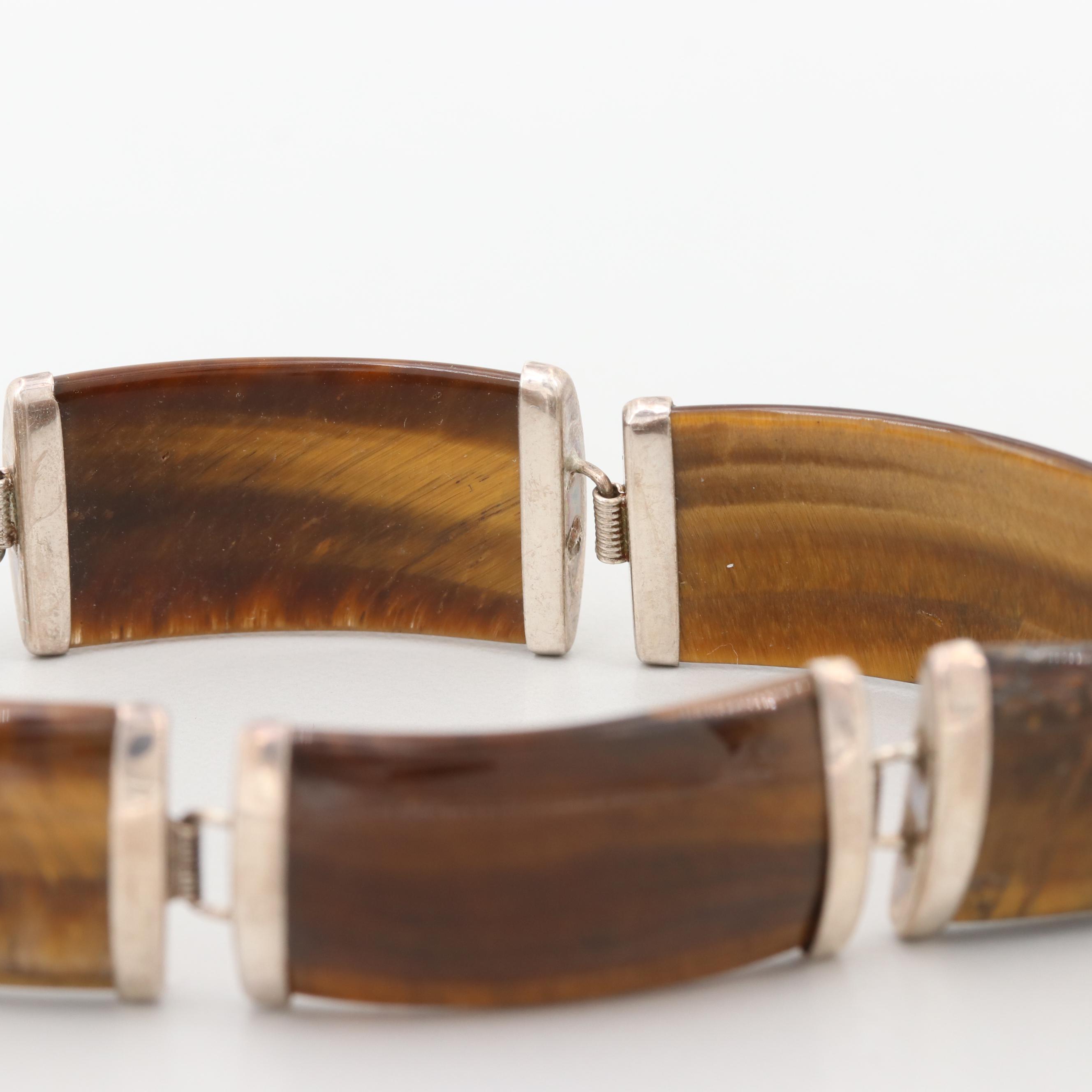 Sterling Silver Tiger's Eye Panel Link Bracelet