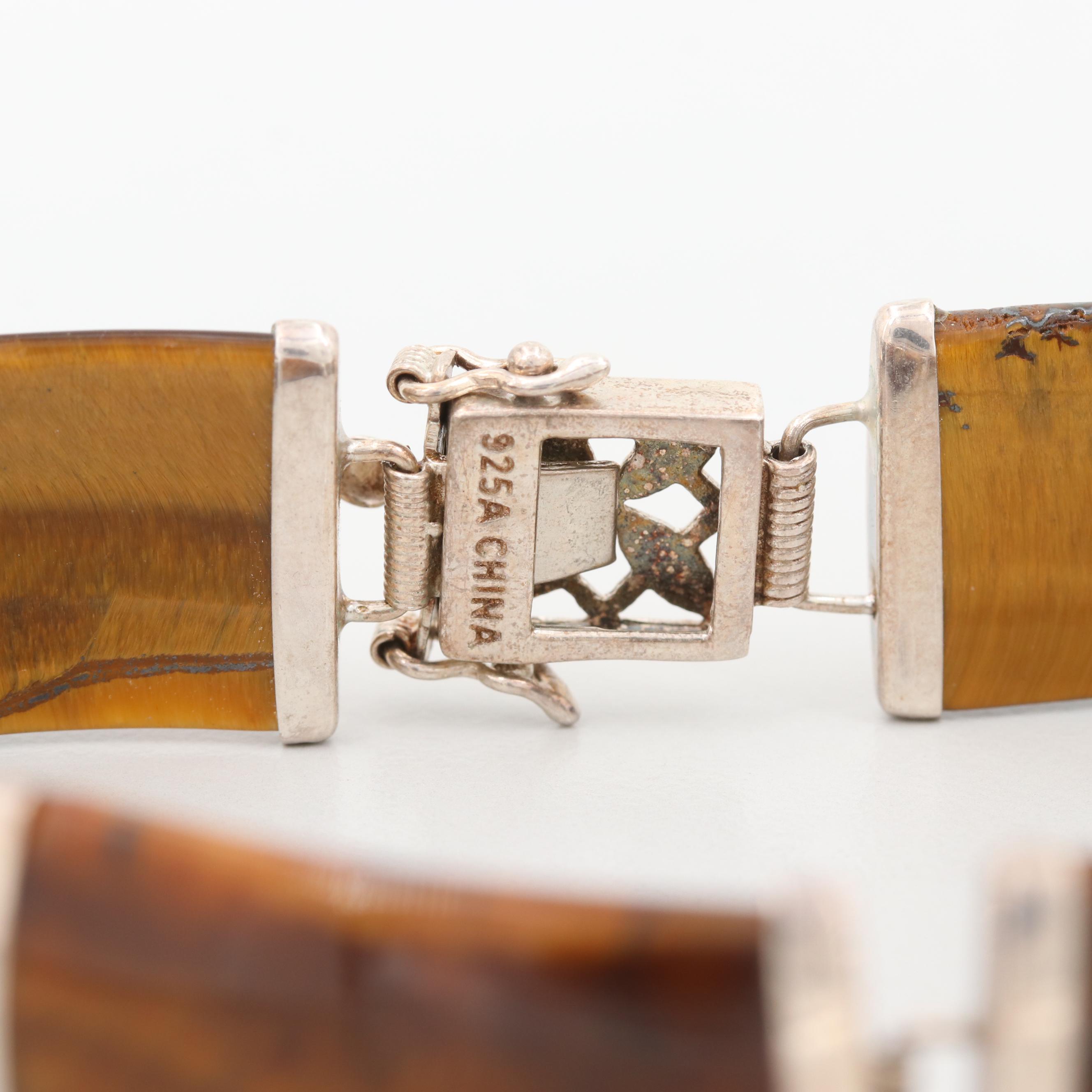 Sterling Silver Tiger's Eye Panel Link Bracelet