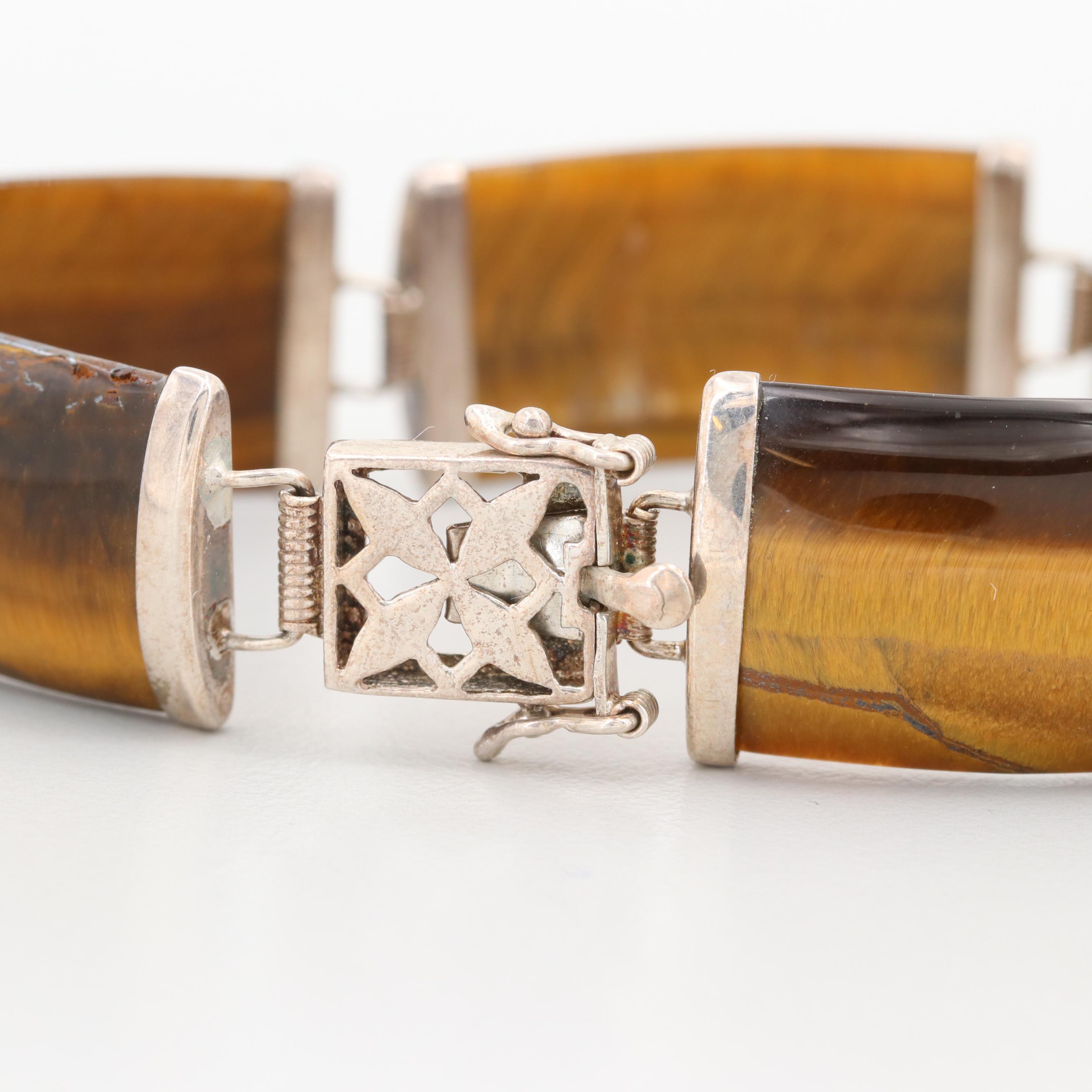 Sterling Silver Tiger's Eye Panel Link Bracelet