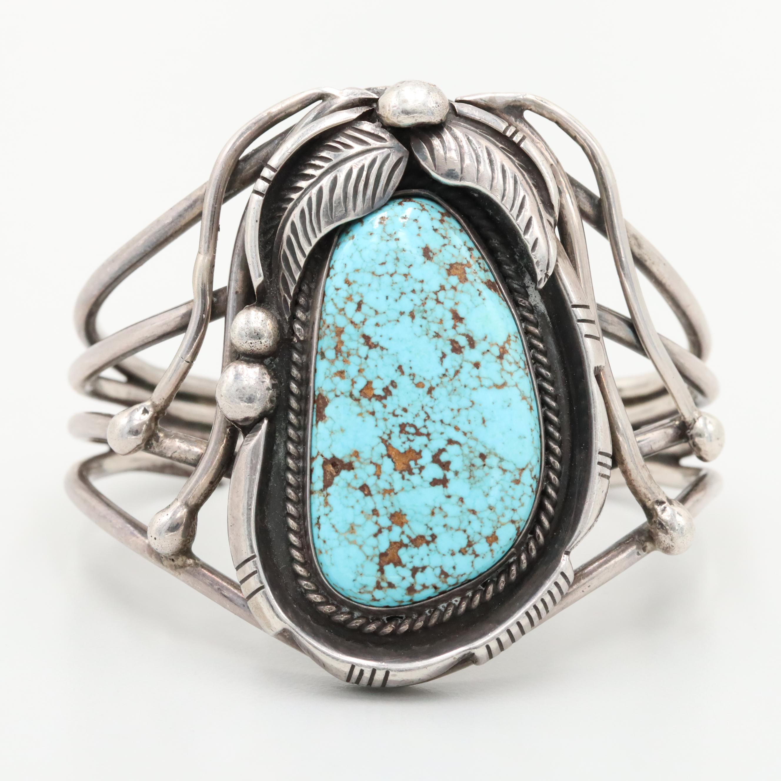 Ed Kee Navajo Diné Sterling Silver Turquoise Shadowbox Cuff Bracelet