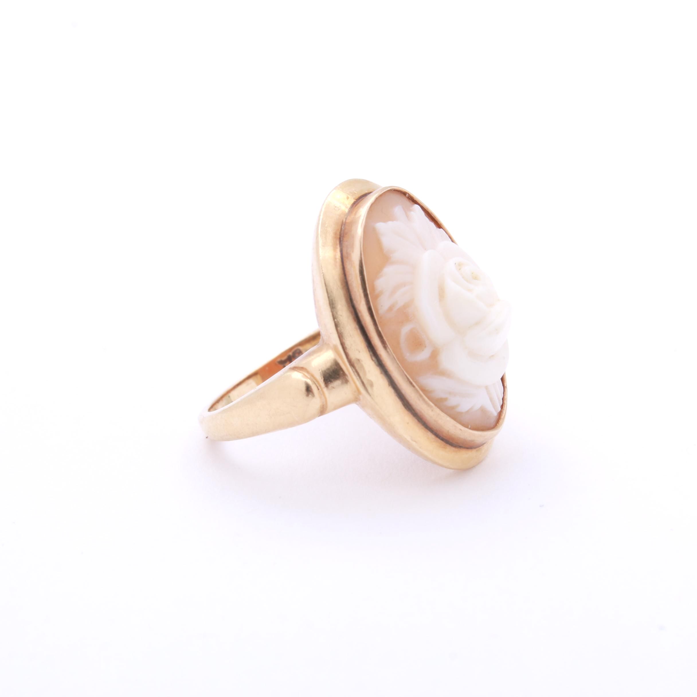 14K Yellow Gold Shell Cameo Ring, Vintage