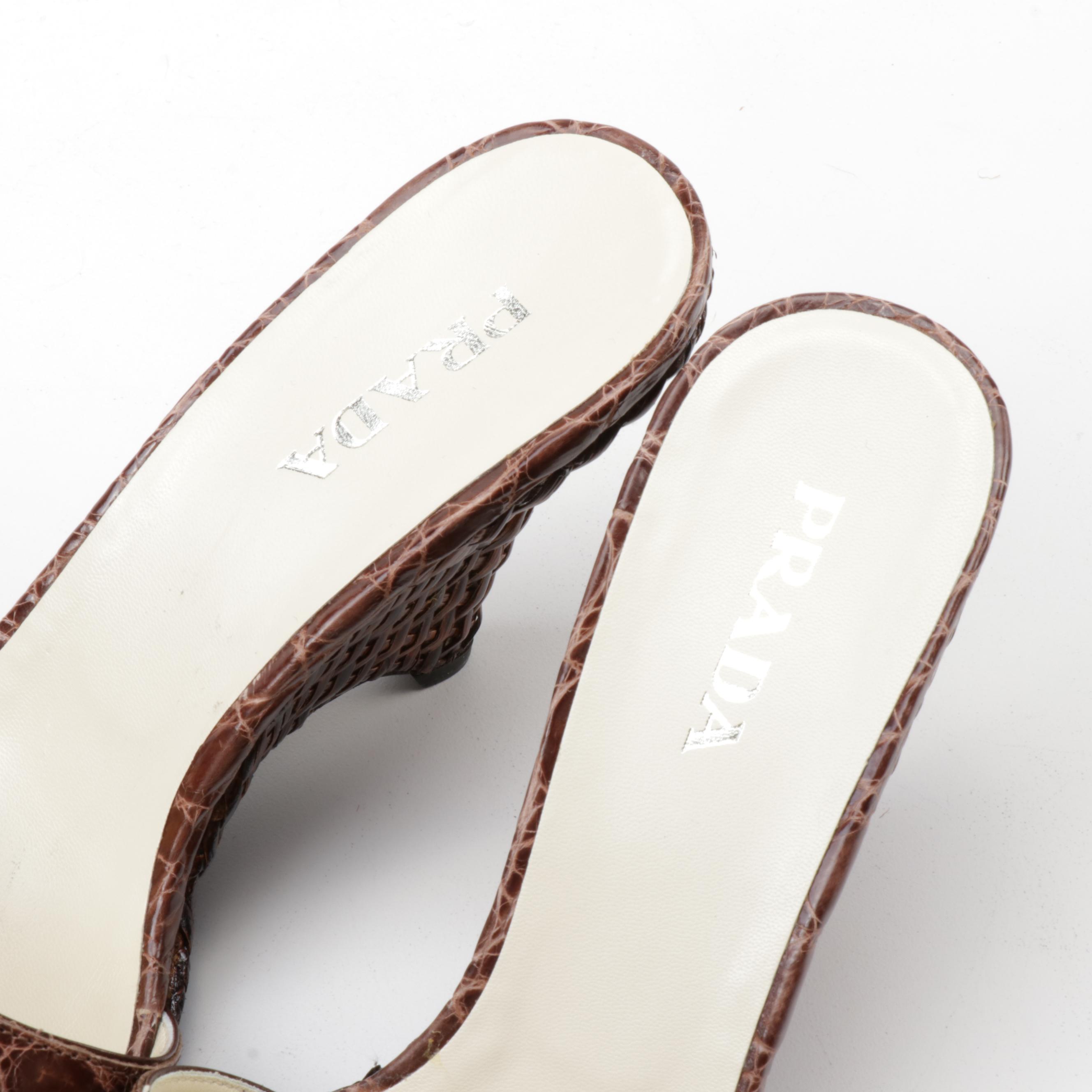 Prada Cocco Rush Tabacco Leather Sculptural Wicker Heeled Slide Sandals