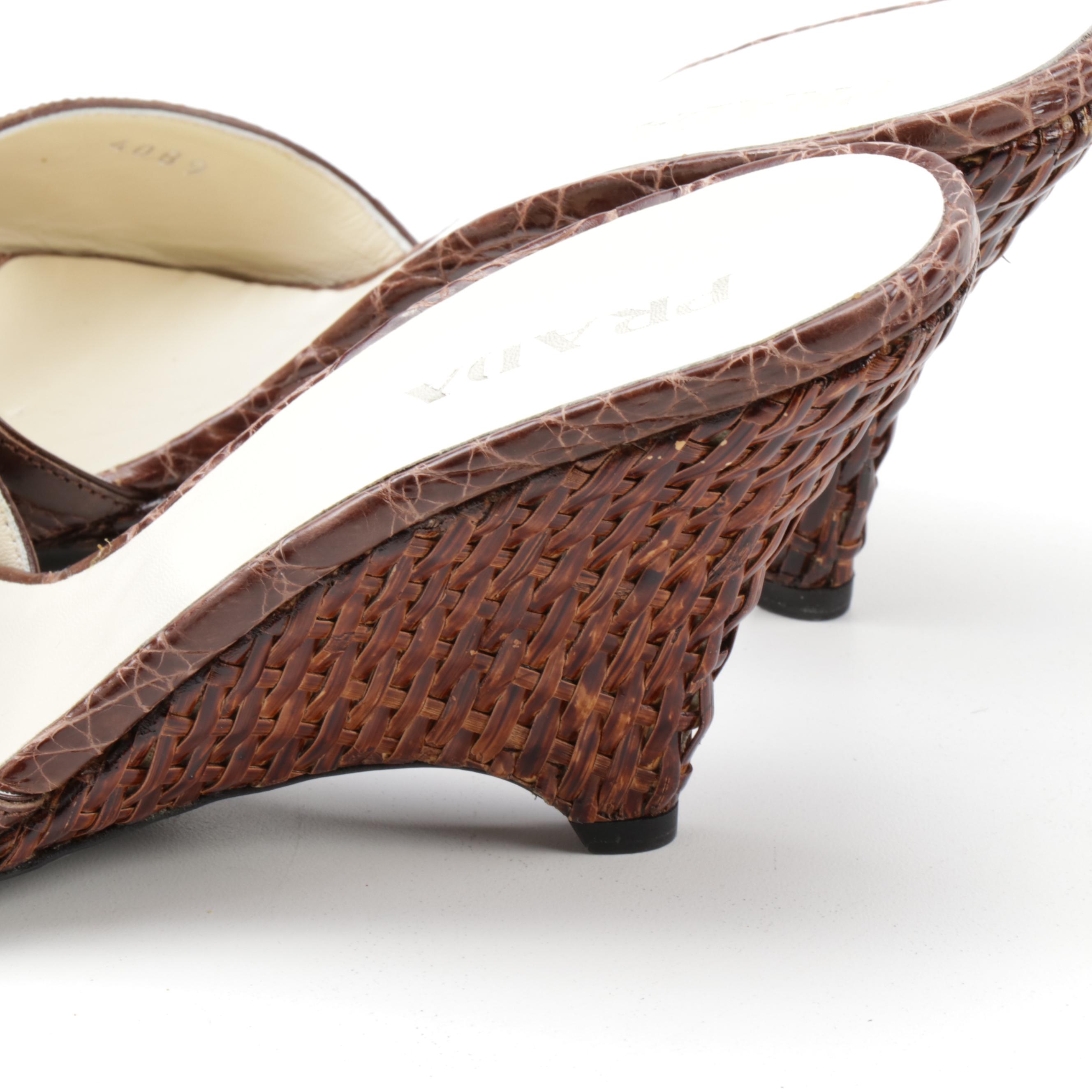 Prada Cocco Rush Tabacco Leather Sculptural Wicker Heeled Slide Sandals