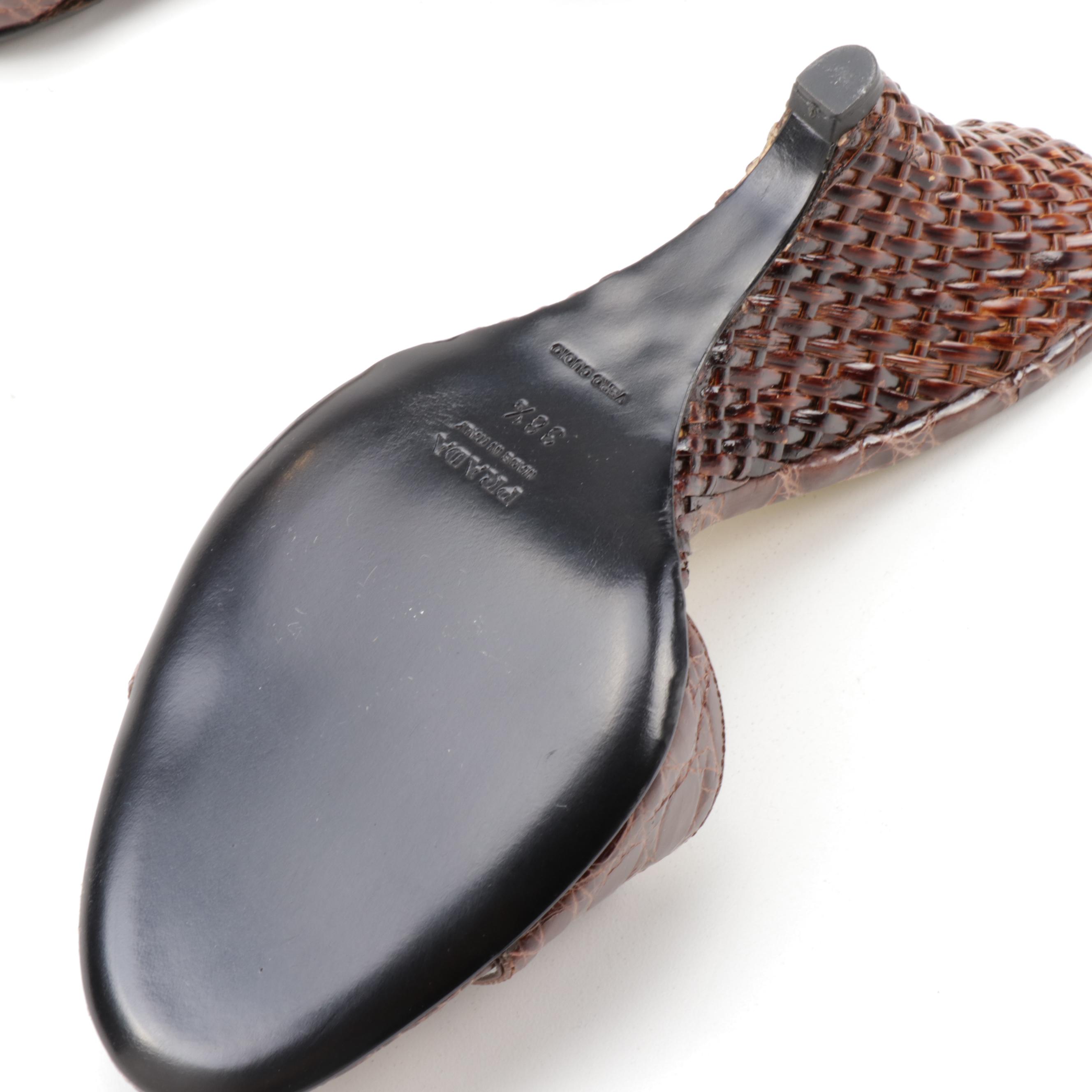 Prada Cocco Rush Tabacco Leather Sculptural Wicker Heeled Slide Sandals