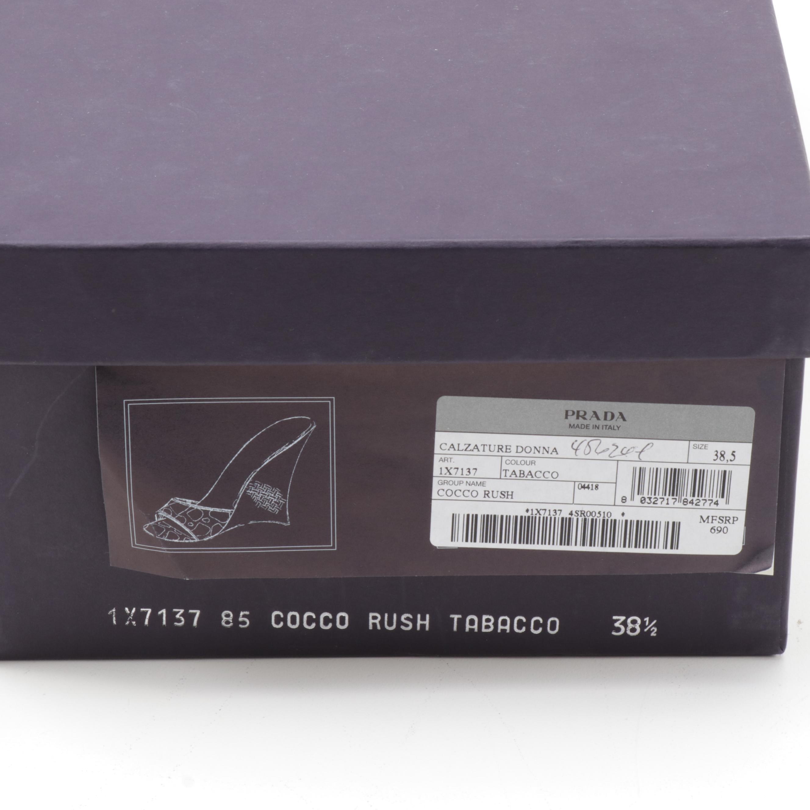 Prada Cocco Rush Tabacco Leather Sculptural Wicker Heeled Slide Sandals