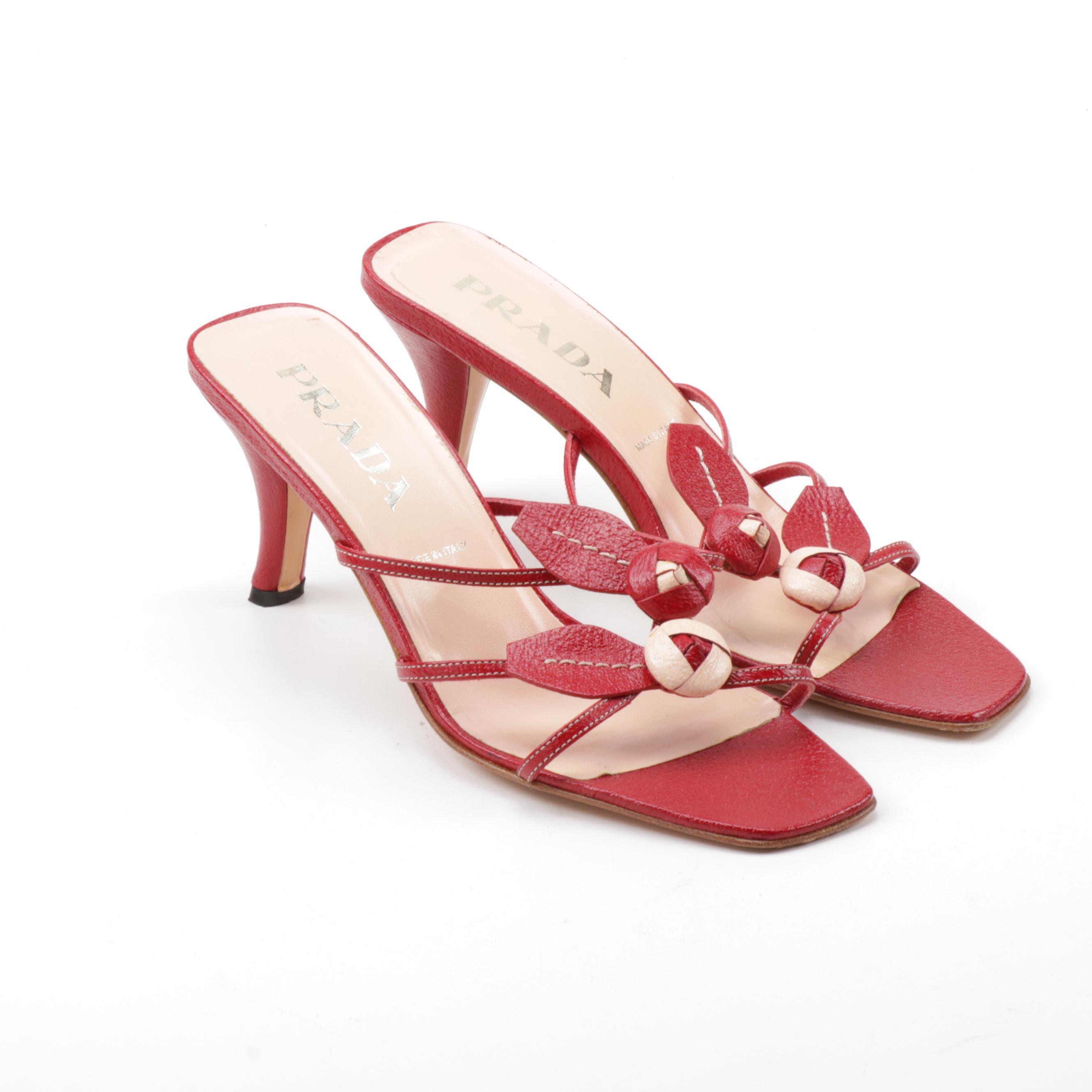 Prada Leather Rosebud Adorned Strappy Heeled Sandals