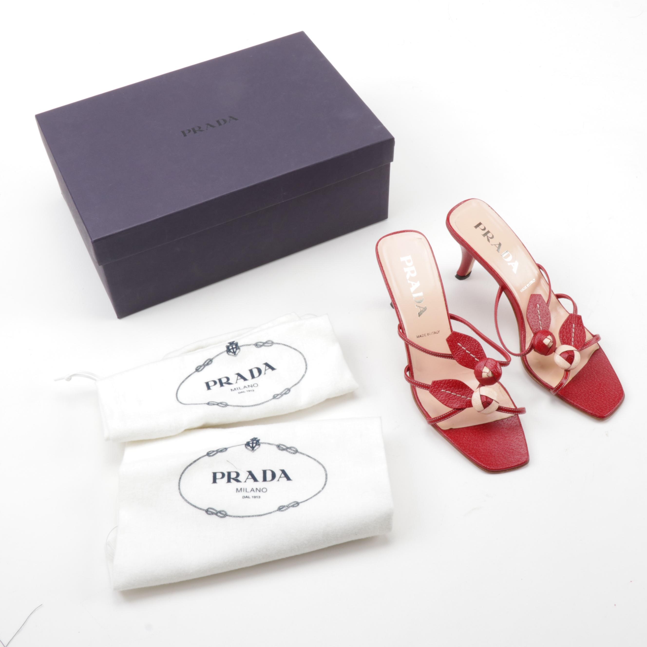 Prada Leather Rosebud Adorned Strappy Heeled Sandals