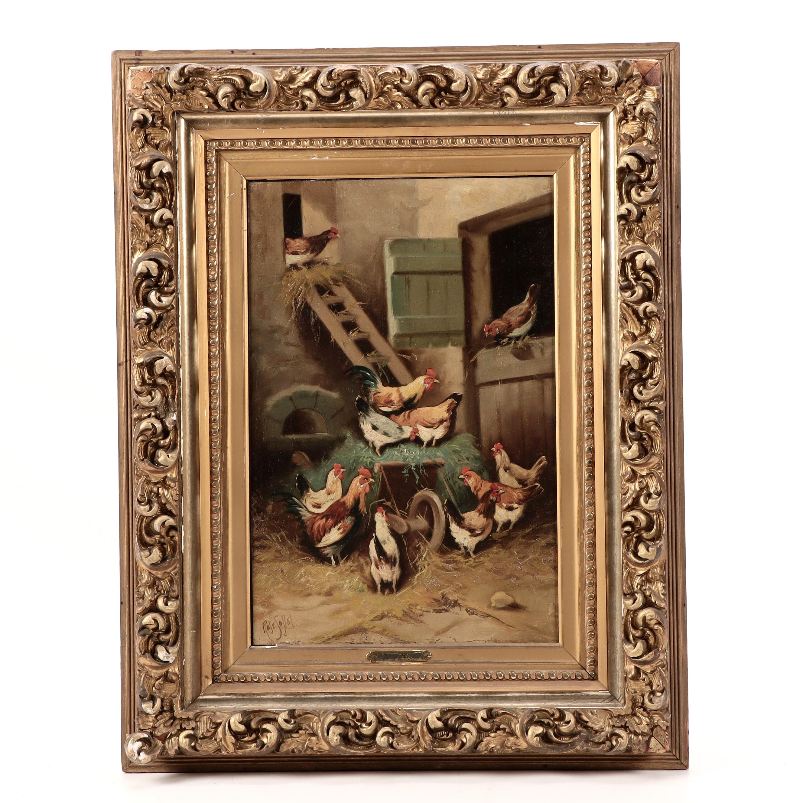 Rose Sobel Oil Painting of Chickens in Barnyard