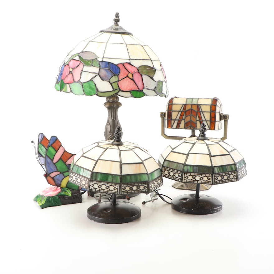 Stained Glass Lamps and Light Fixtures Including Banker's Style Votive Lamp