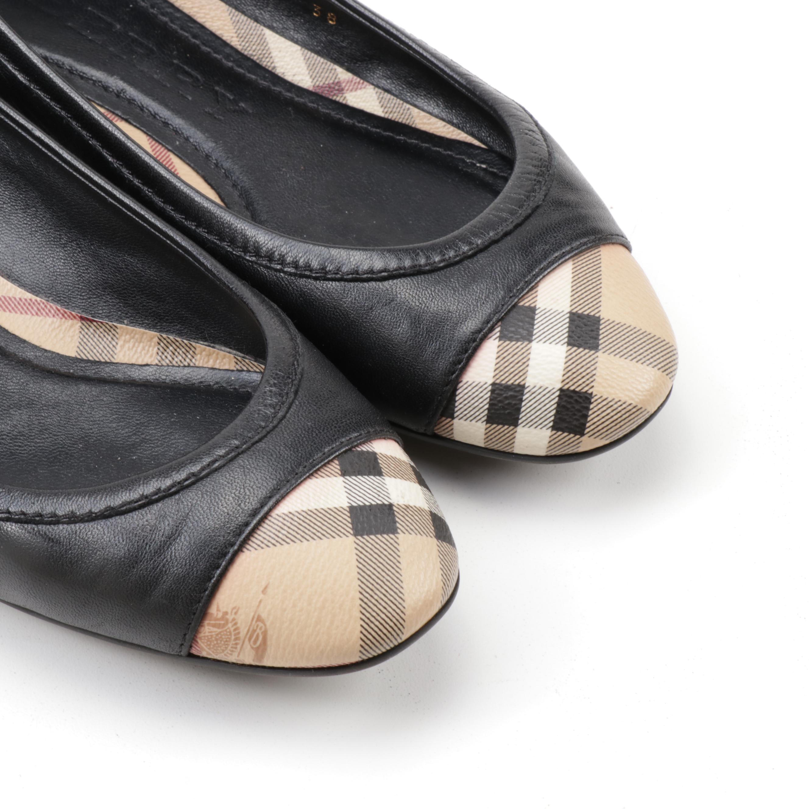 Burberry Highsmith "Haymarket" and Black Leather Ballerina Flats