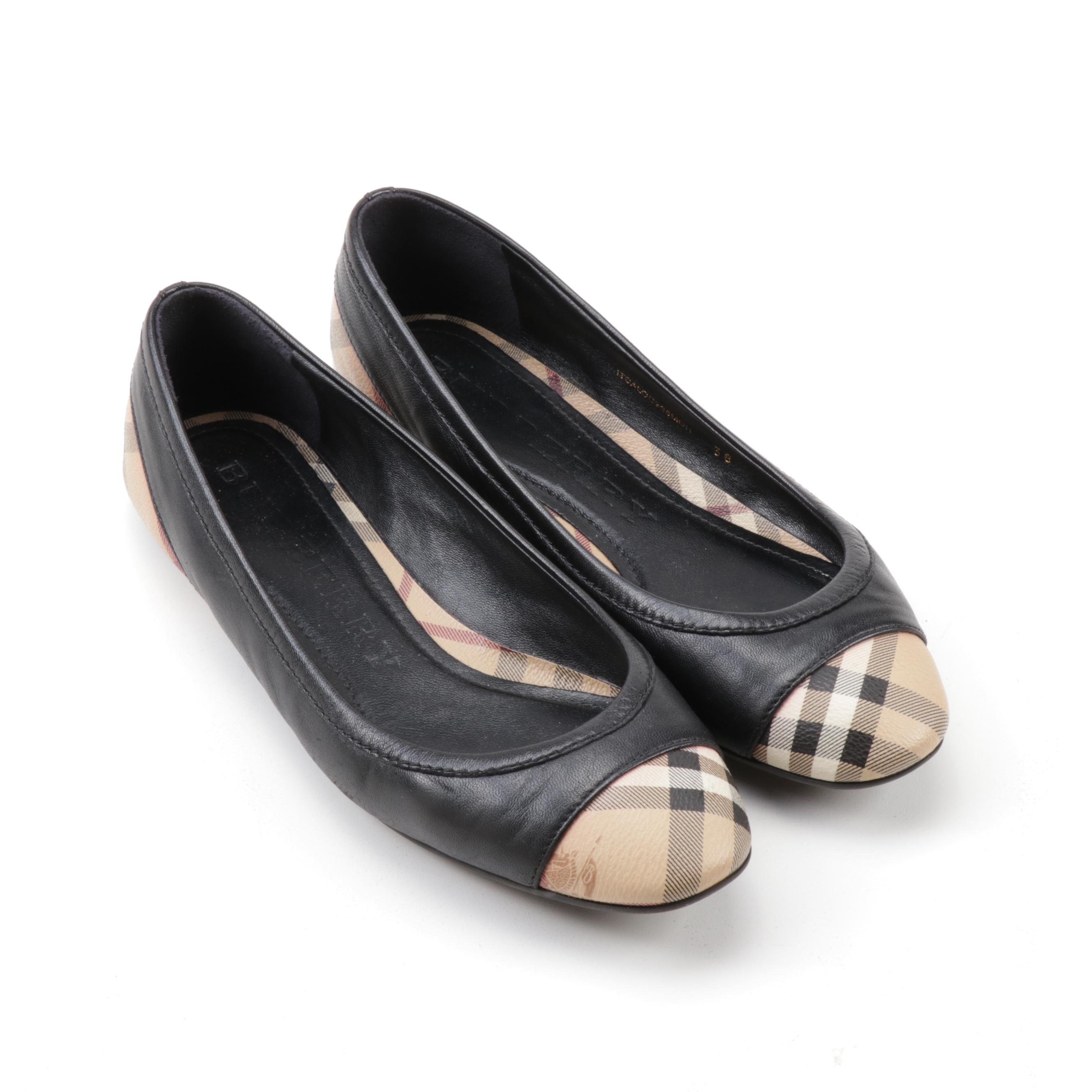 Burberry Highsmith "Haymarket" and Black Leather Ballerina Flats