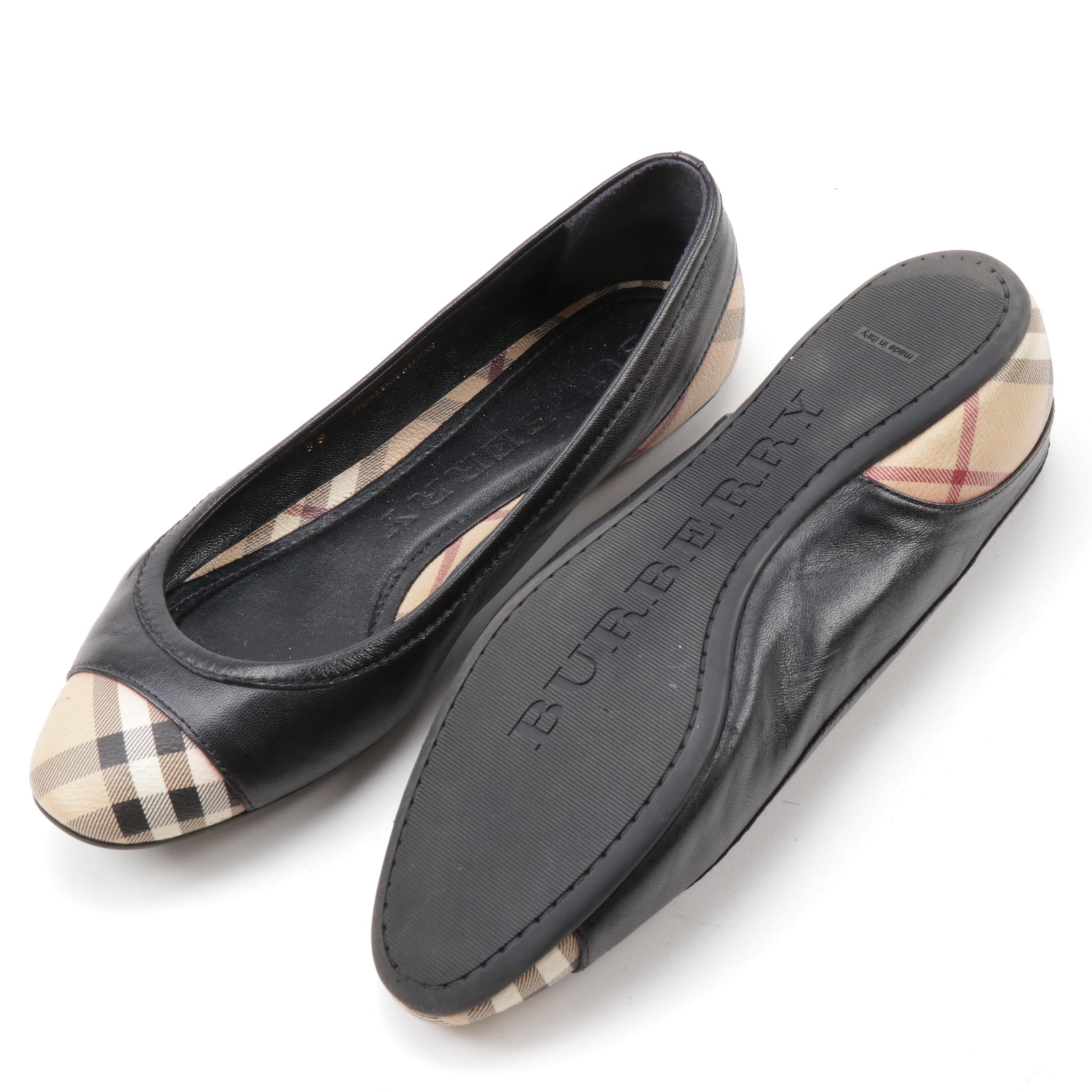 Burberry Highsmith "Haymarket" and Black Leather Ballerina Flats