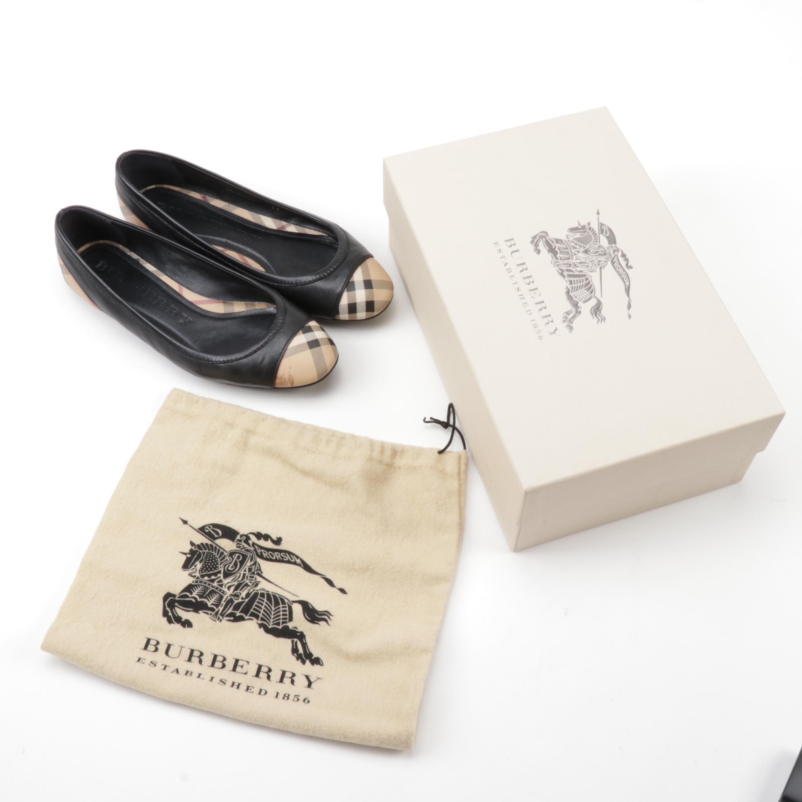 Burberry Highsmith "Haymarket" and Black Leather Ballerina Flats