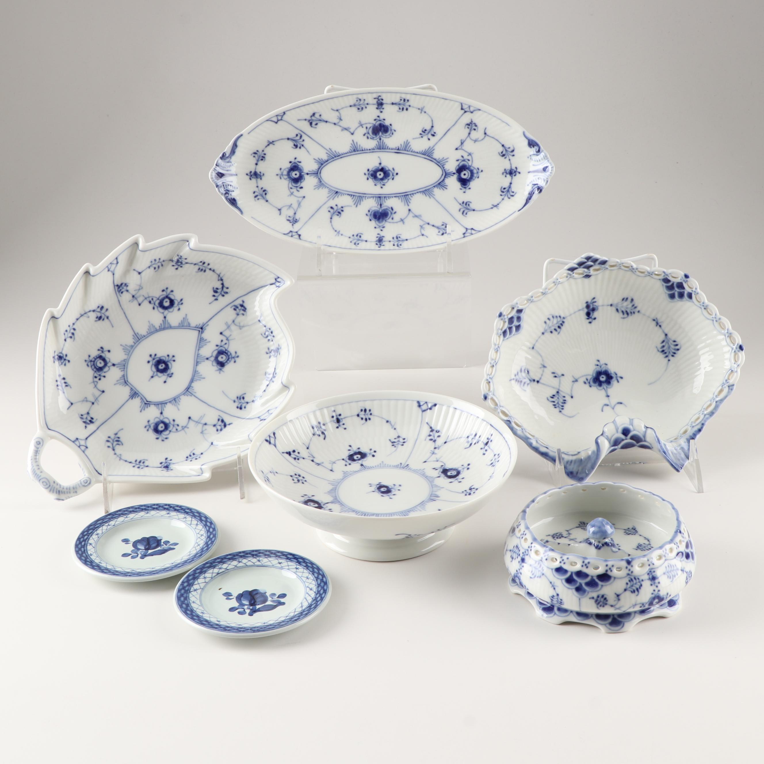 Royal Copenhagen Porcelain "Blue Fluted Plain" and "Tranquebar Blue" Serveware
