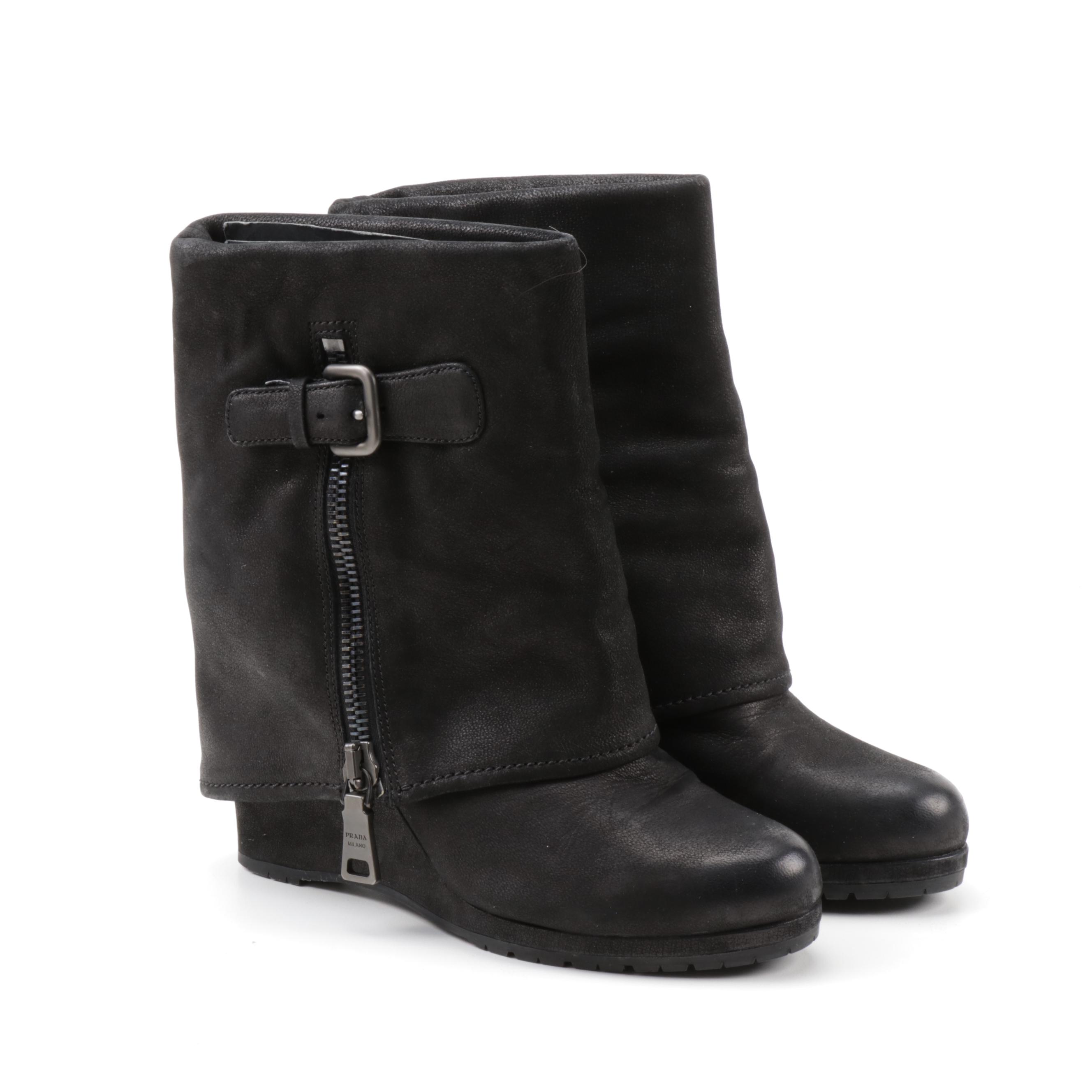 Prada Black Nubuck Leather Fold-Over Wedge Boots
