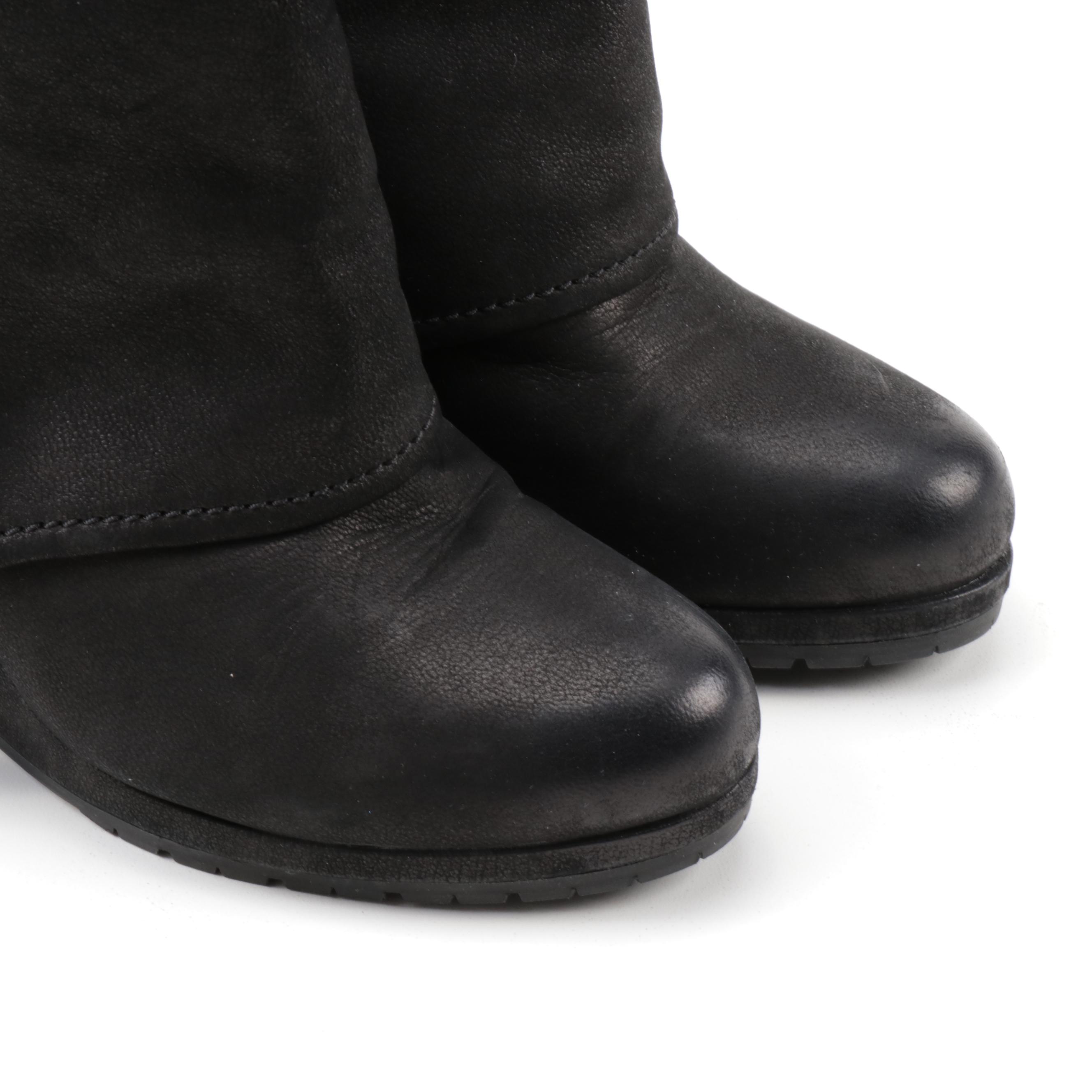 Prada Black Nubuck Leather Fold-Over Wedge Boots