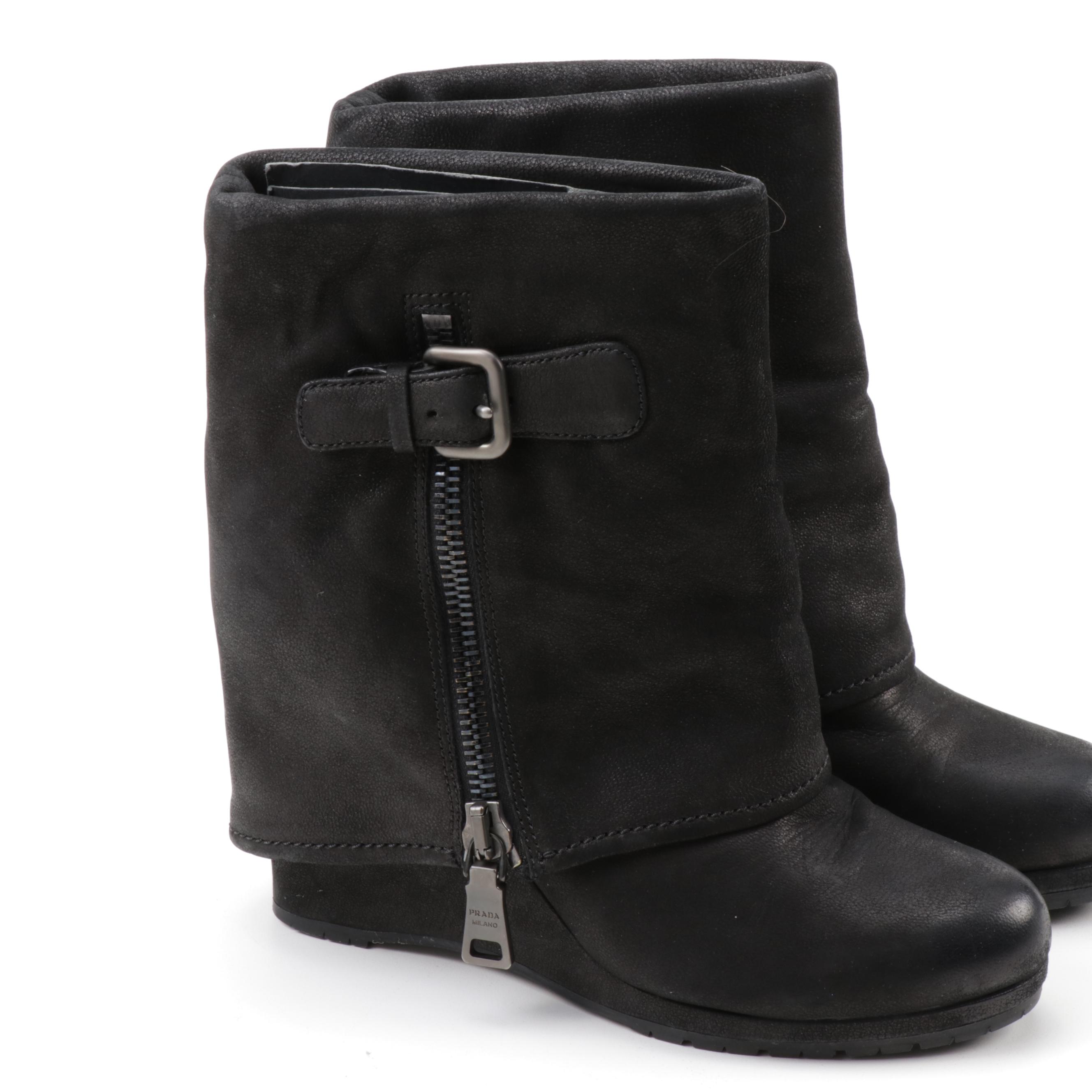 Prada Black Nubuck Leather Fold-Over Wedge Boots