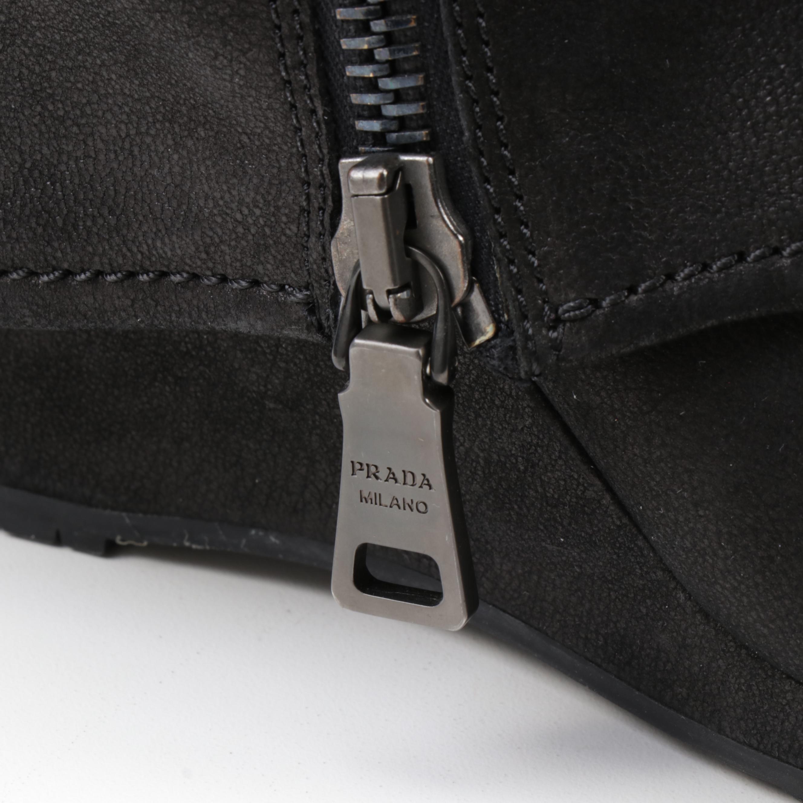 Prada Black Nubuck Leather Fold-Over Wedge Boots