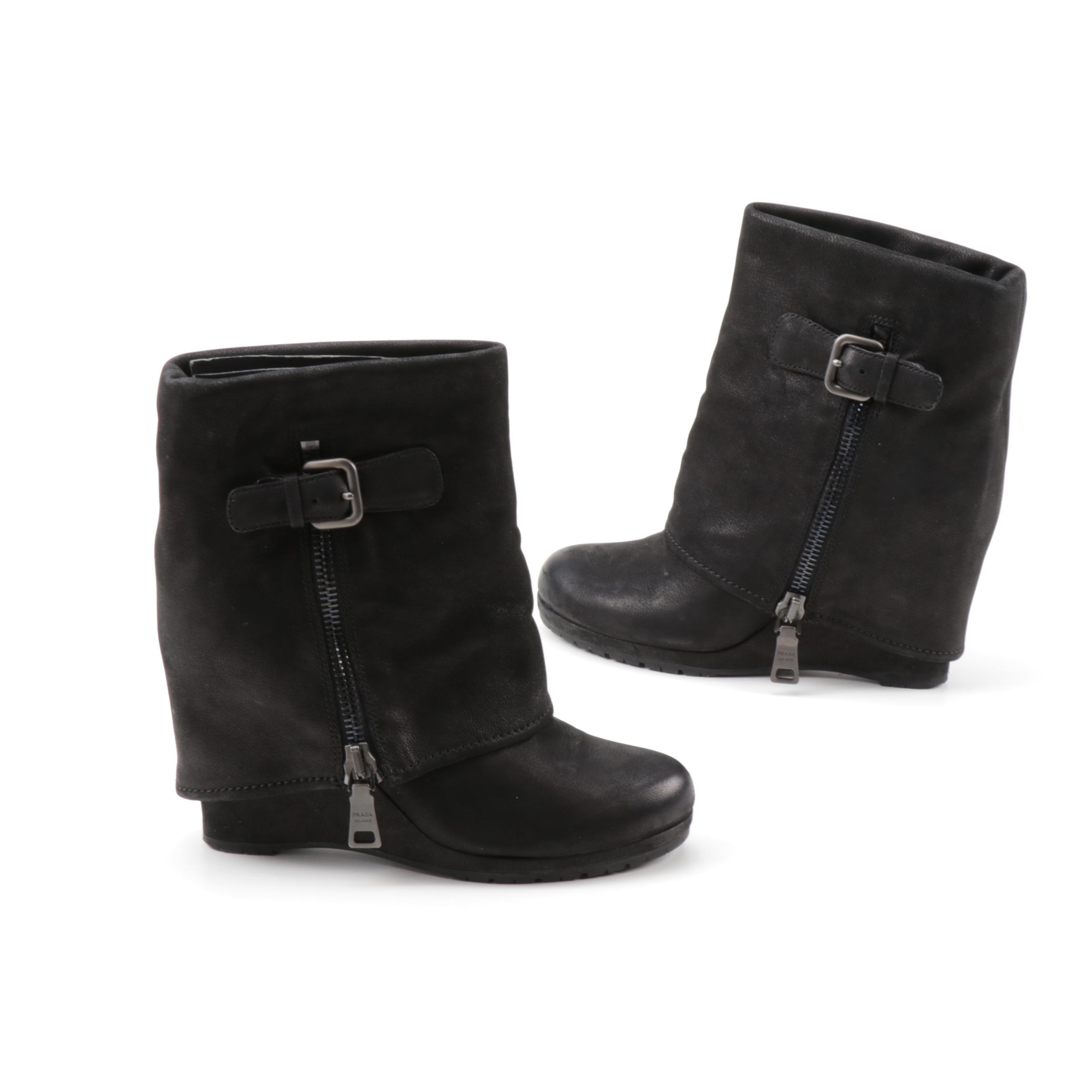 Prada Black Nubuck Leather Fold-Over Wedge Boots